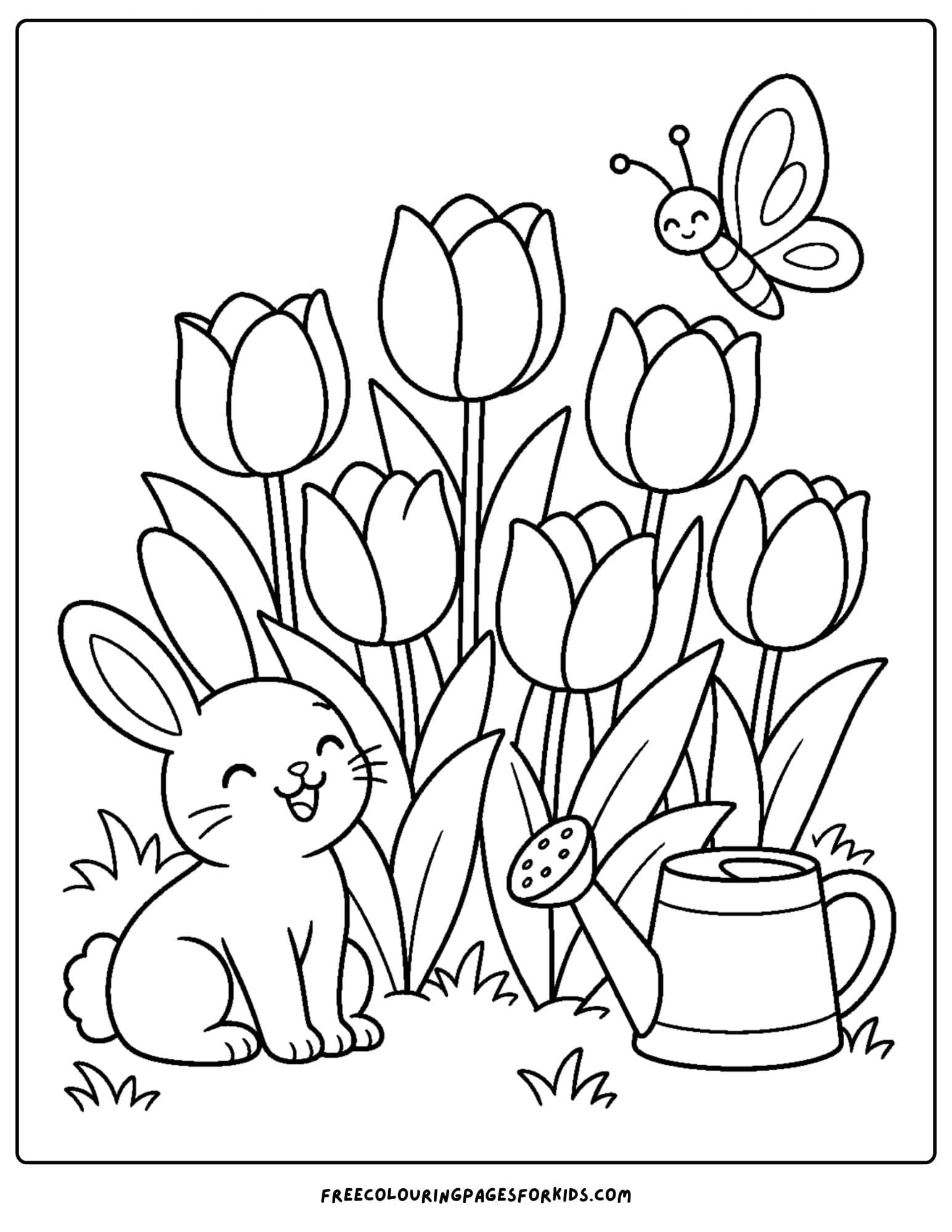 a tulip coloring page showing a bunny in a tulip garden