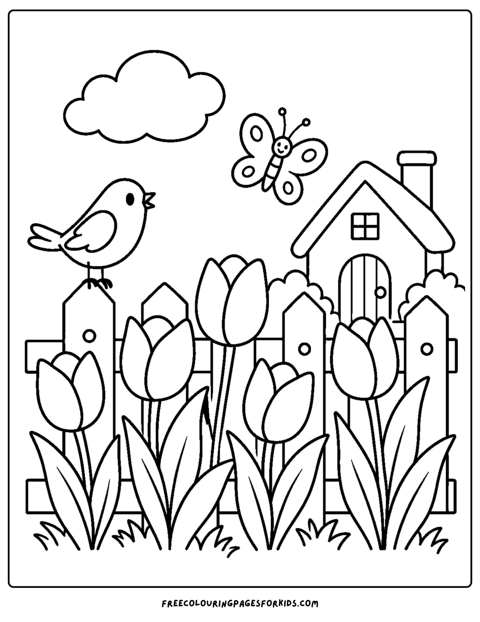 a tulip coloring page showing a cottage and fence with tulips