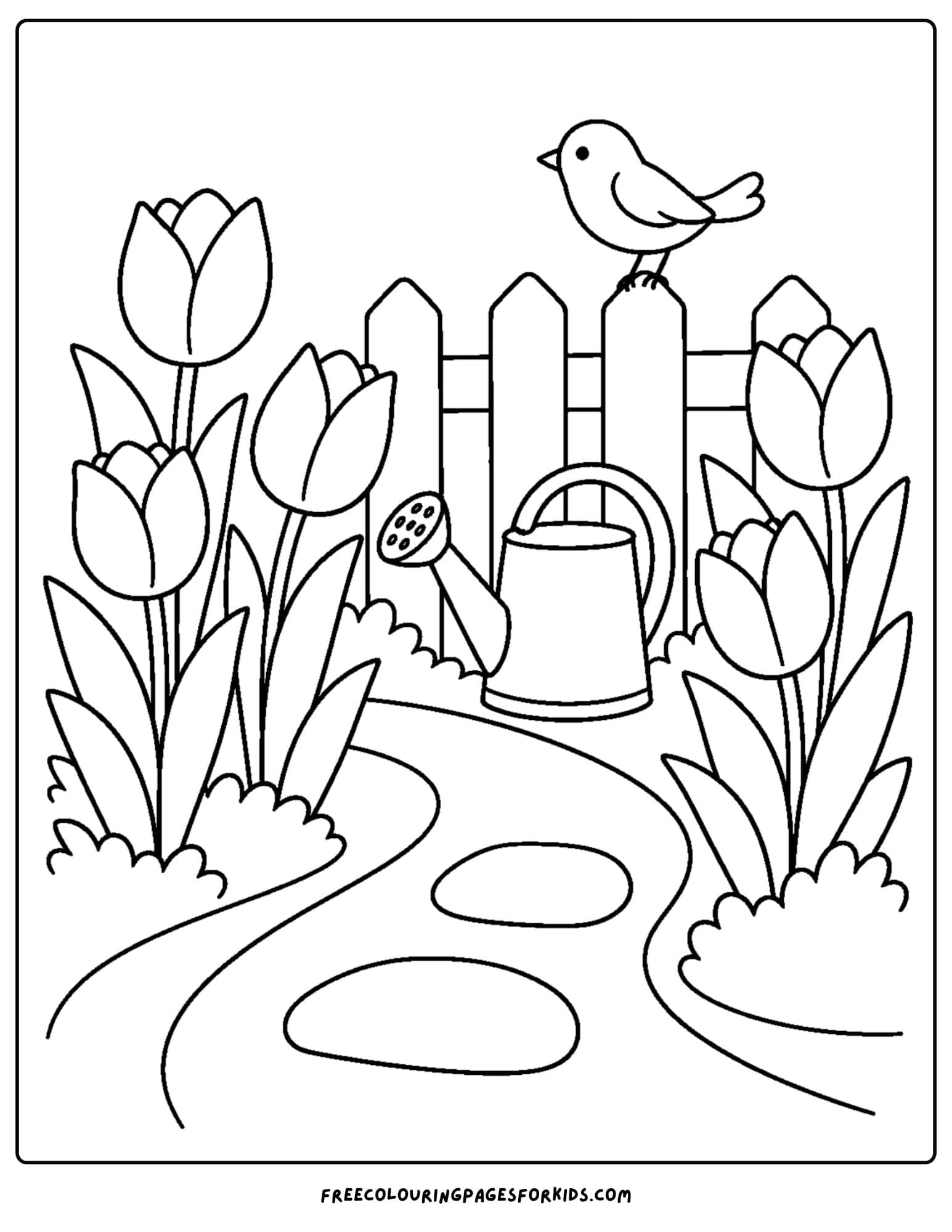a tulip coloring page showing tulips along a pathway