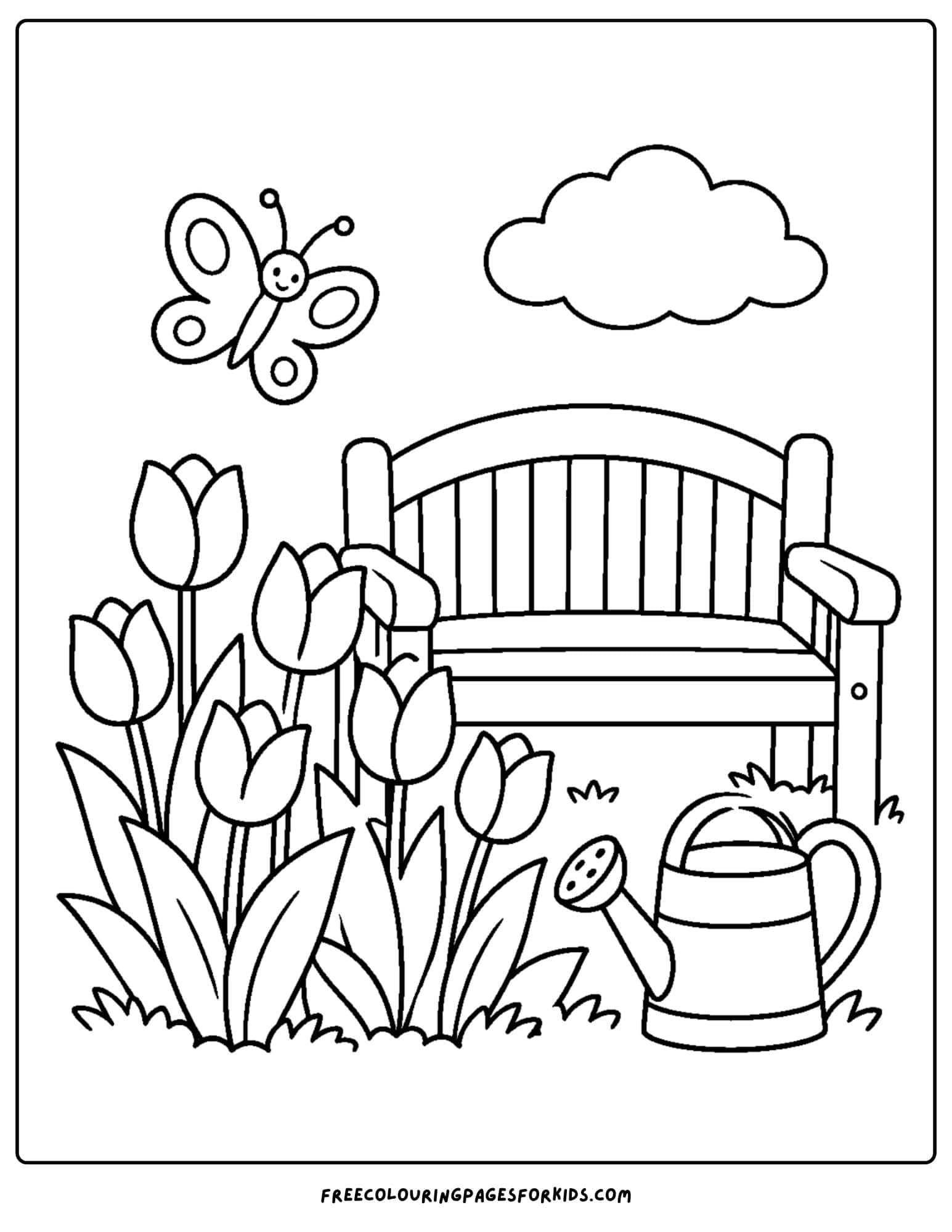 a tulip coloring page showing a gardne bench beside some tulips