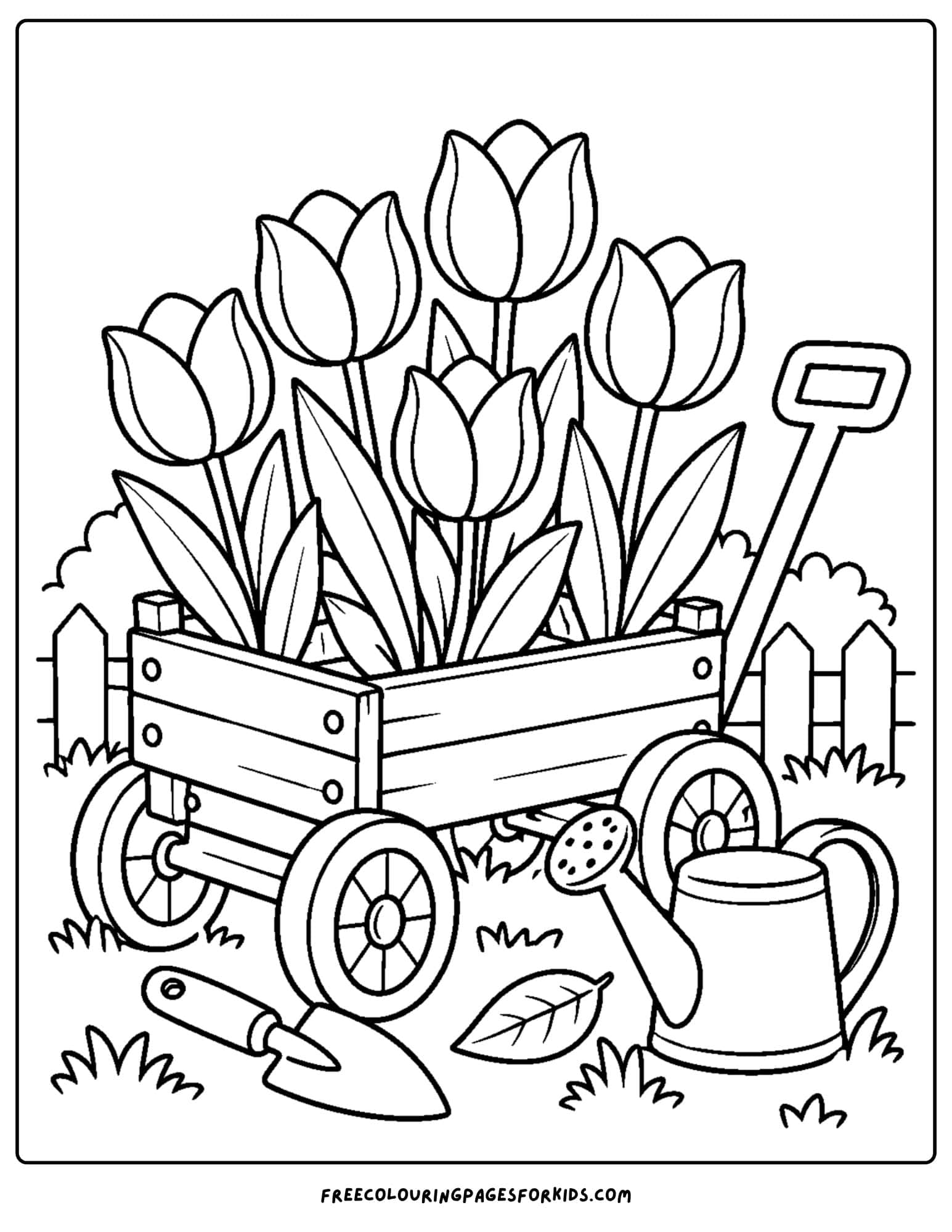 a tulip coloring page showing a bunch of tulips in a garden cart