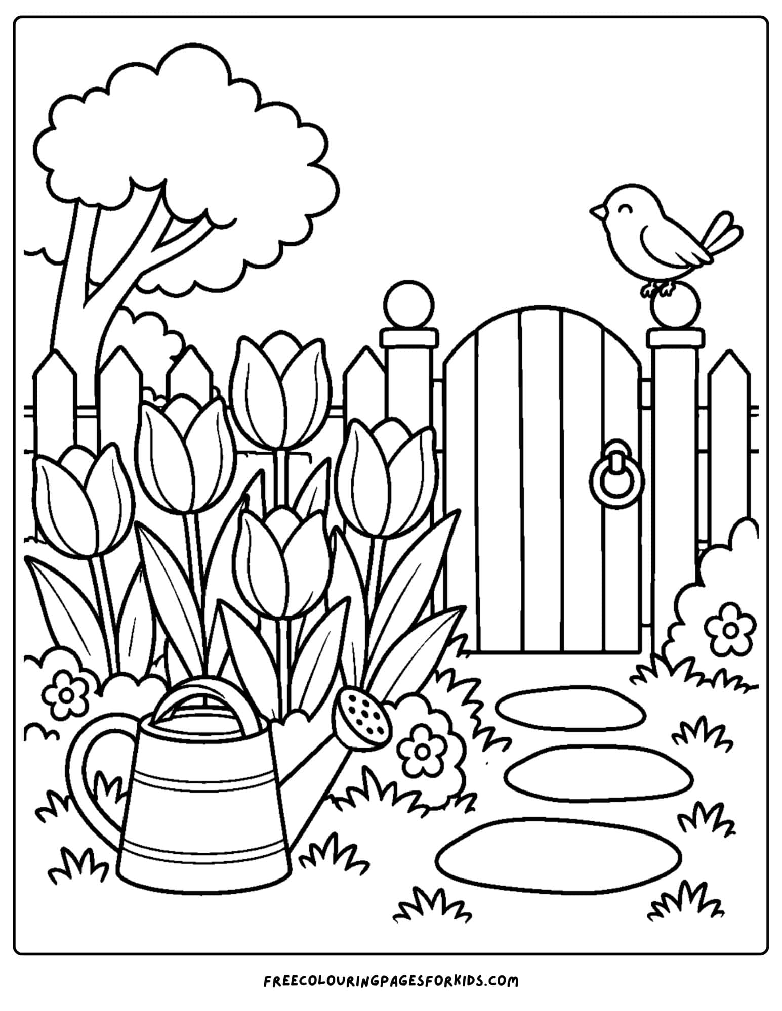 a tulip coloring page showing a garden gate and tulips