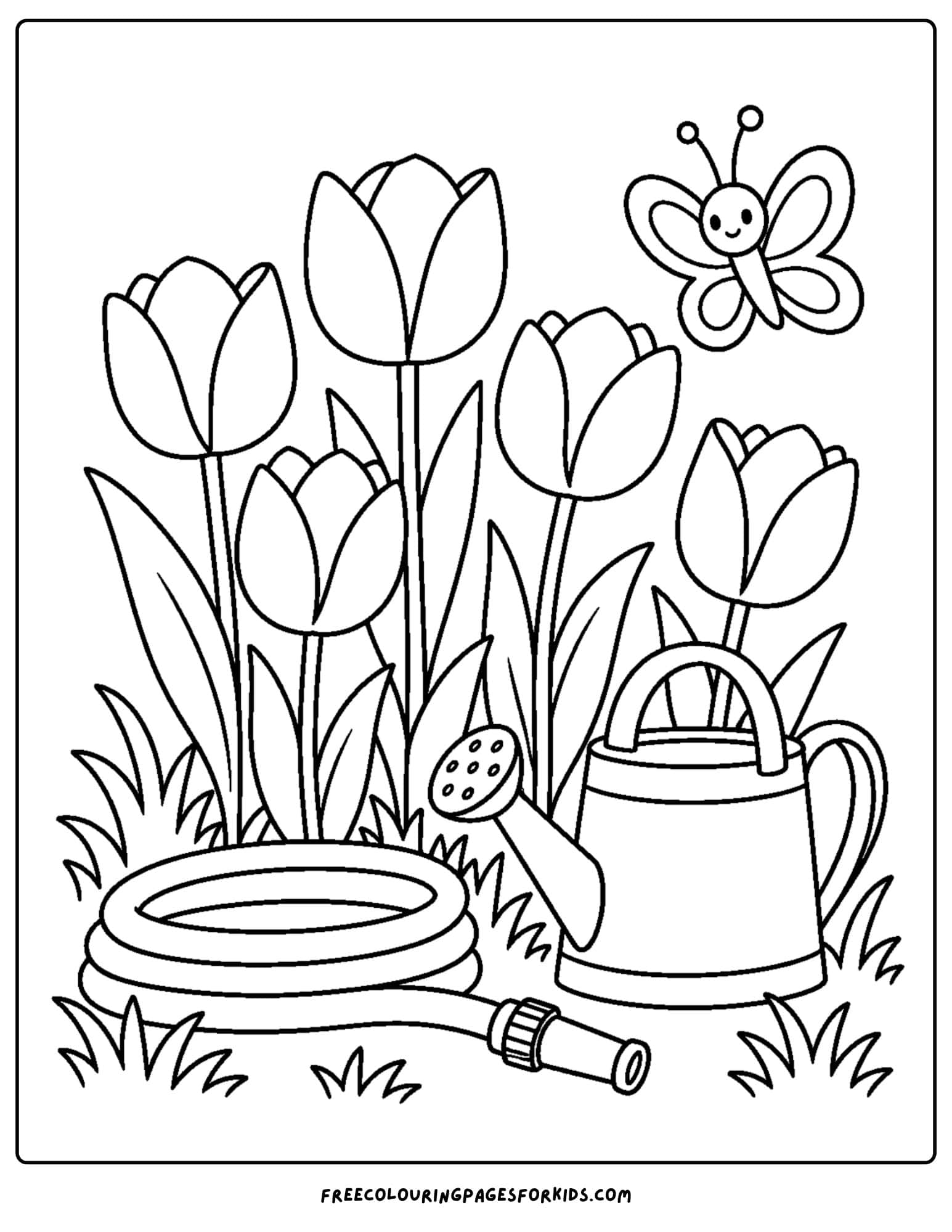 a tulip coloring page showing tulips growing with a hose and watering can beside them