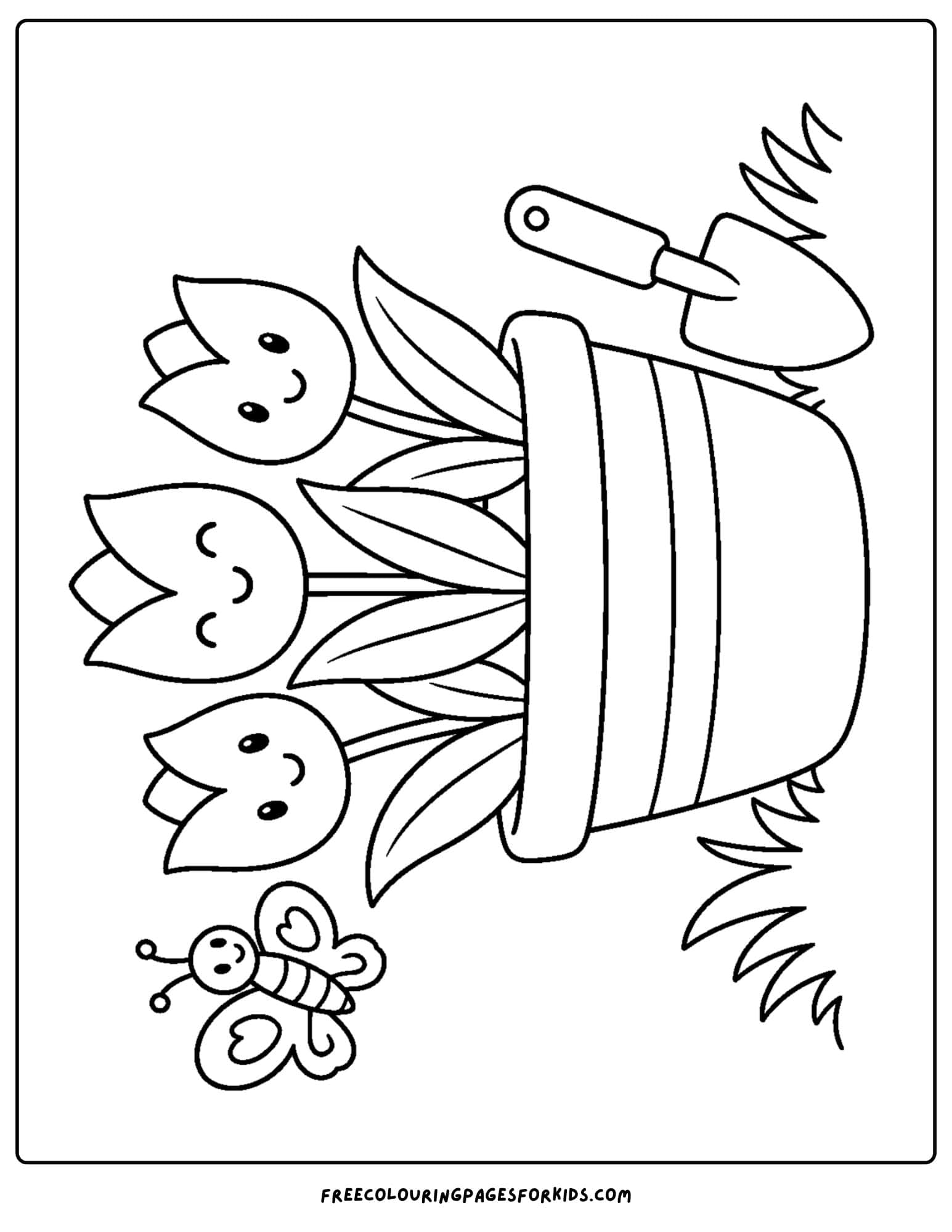 a tulip coloring page showing a garden pot with tulips