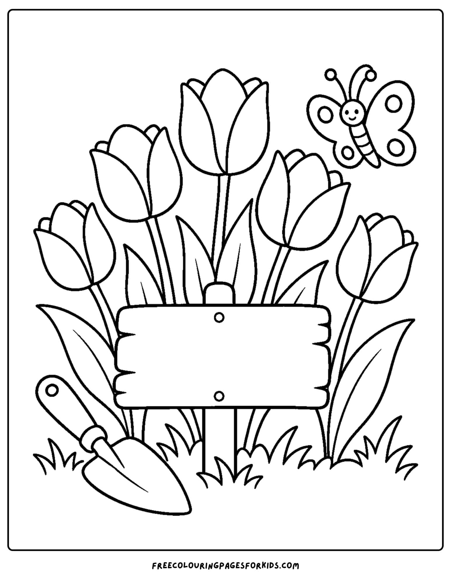 a tulip coloring page showing tulips growing behind a sign
