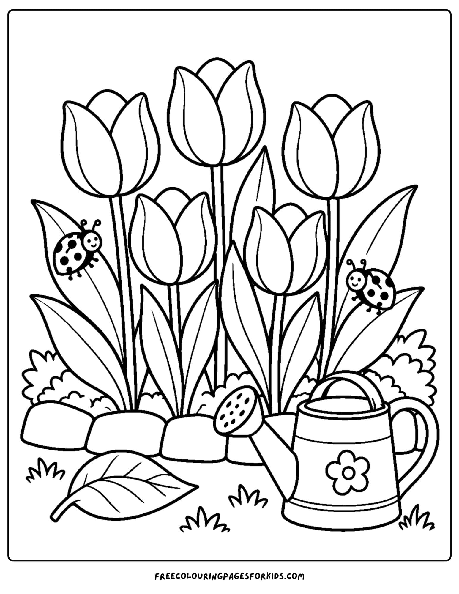 a tulip coloring page showing tulips with ladybugs on them