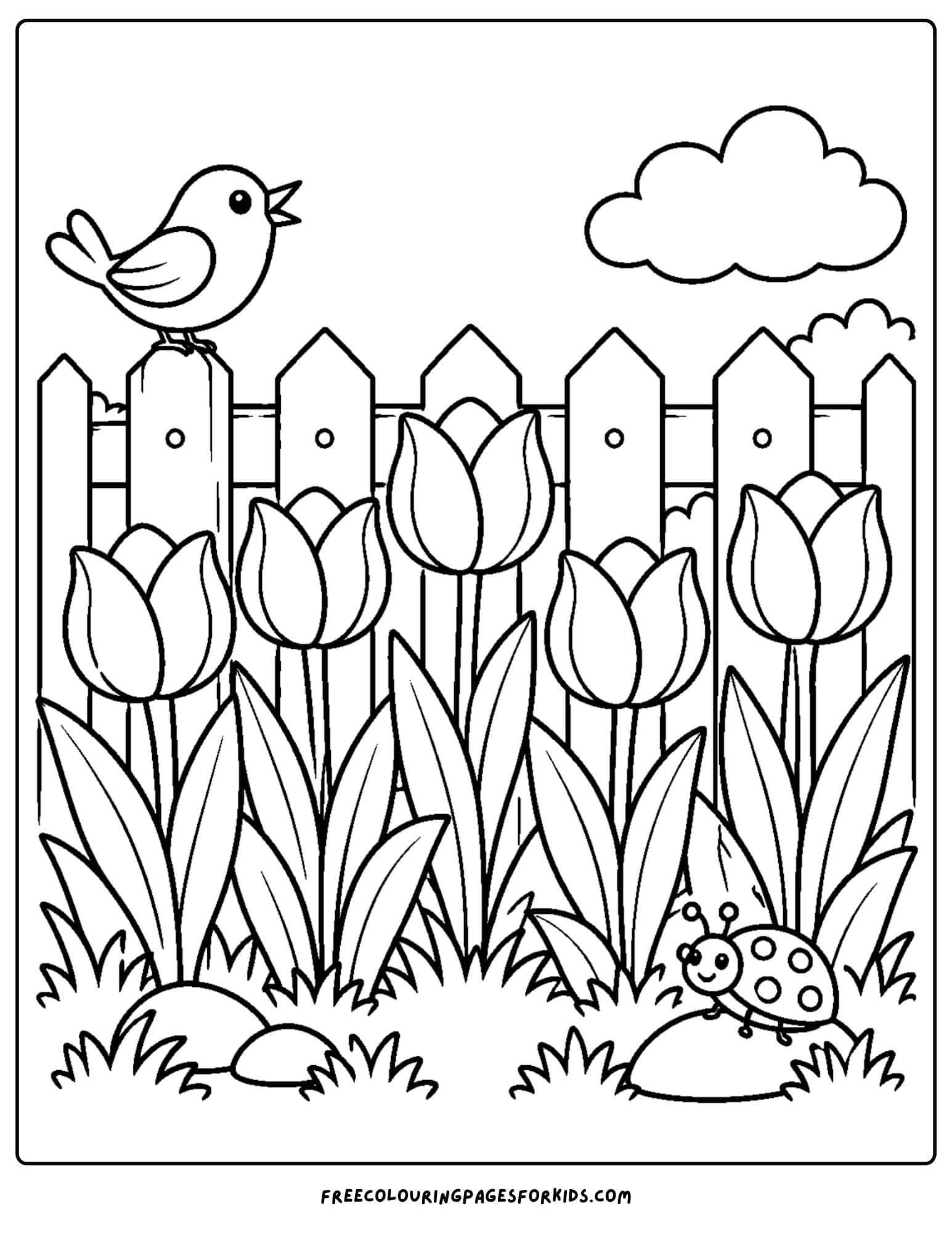a tulip coloring page showing tulips growing beside a picket fence