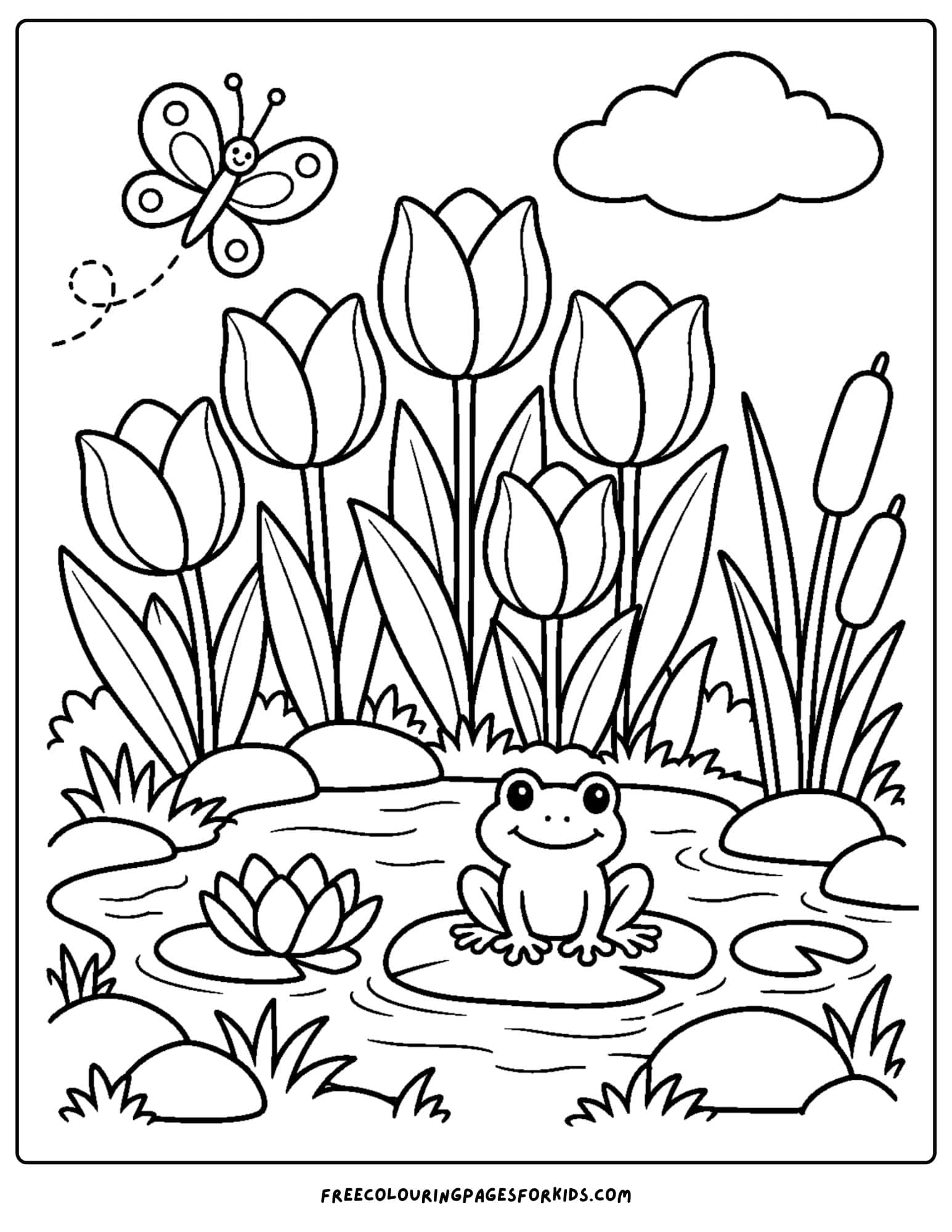 a tulip coloring page showing tulips growing near a pond