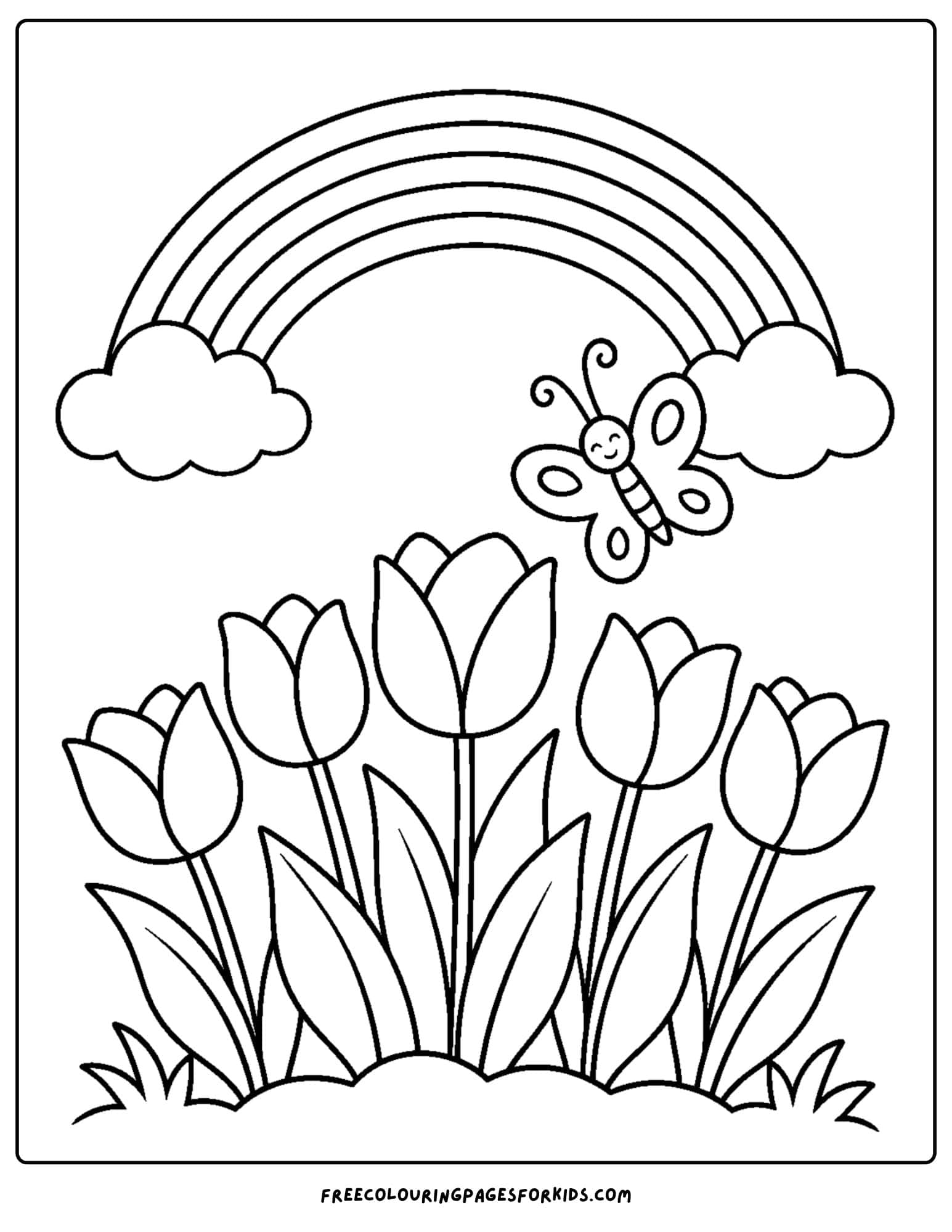 a tulip coloring page showing tulips growing under a rainbow