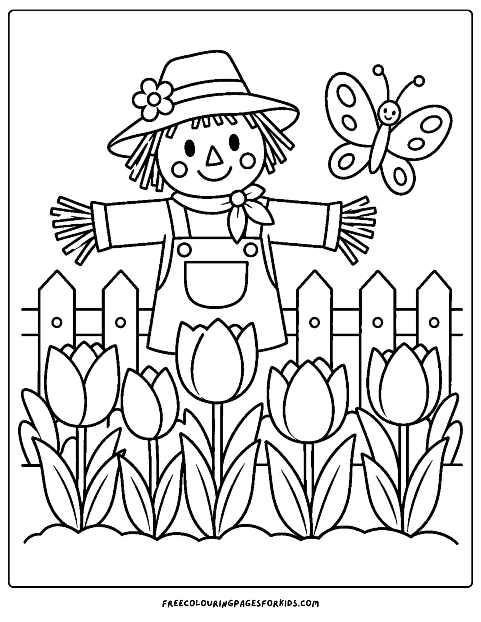 a tulip coloring page showing a scarecrow in a tulip garden