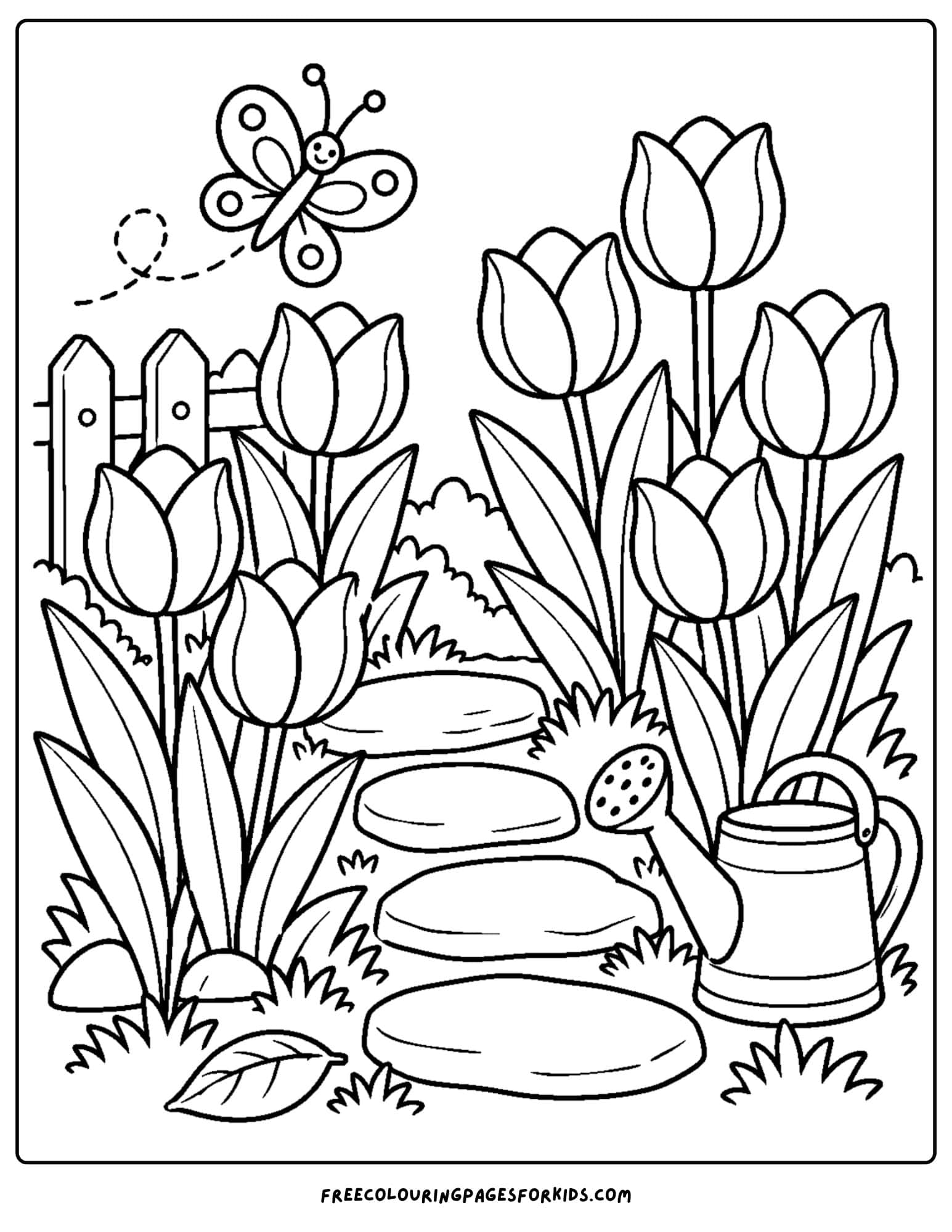 a tulip coloring page showing a path of stepping stones among tulips