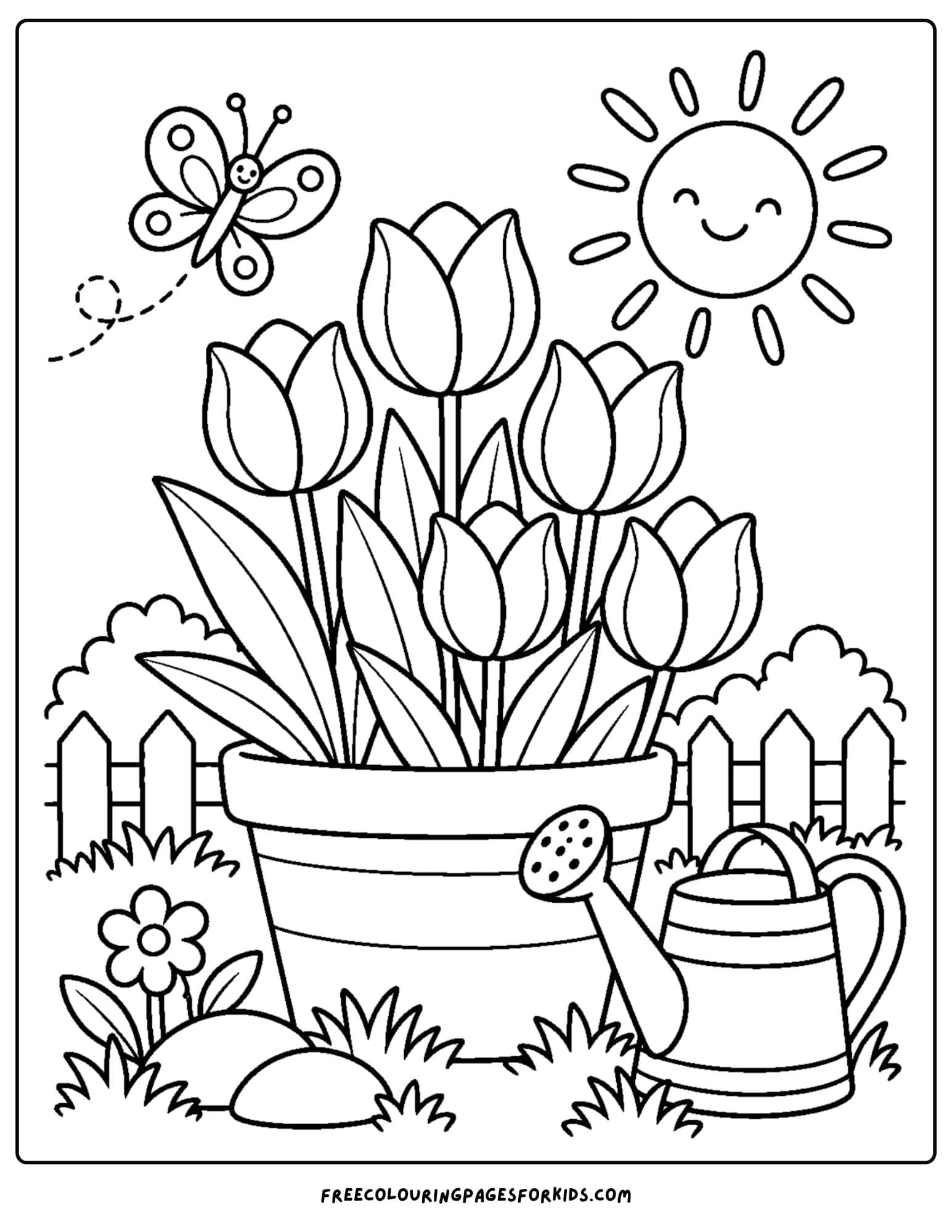 a tulip coloring page showing growing in a sunny garden spot