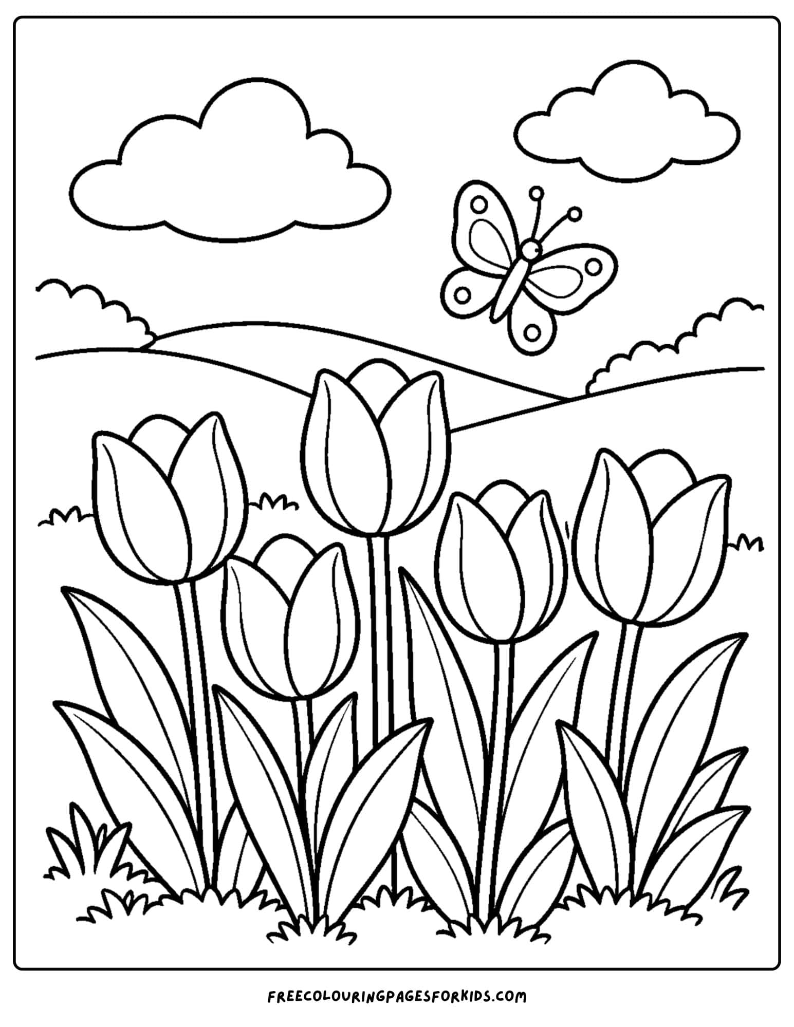 a tulip coloring page showing a field with tulips growing in it