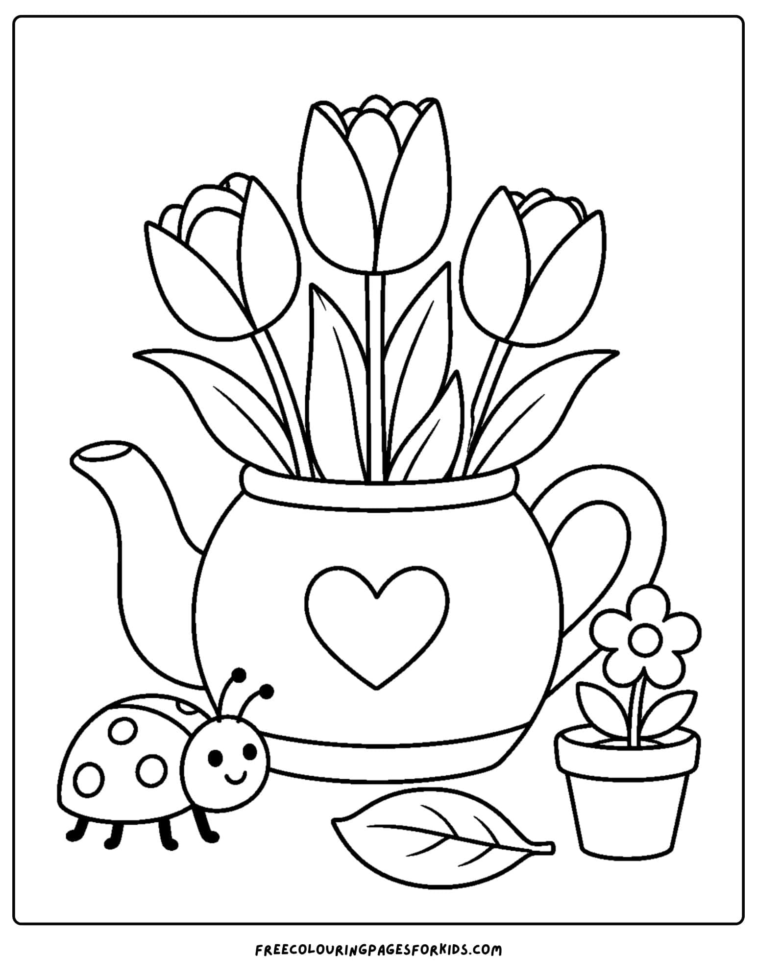 a tulip coloring page showing tulips in a teapot vase