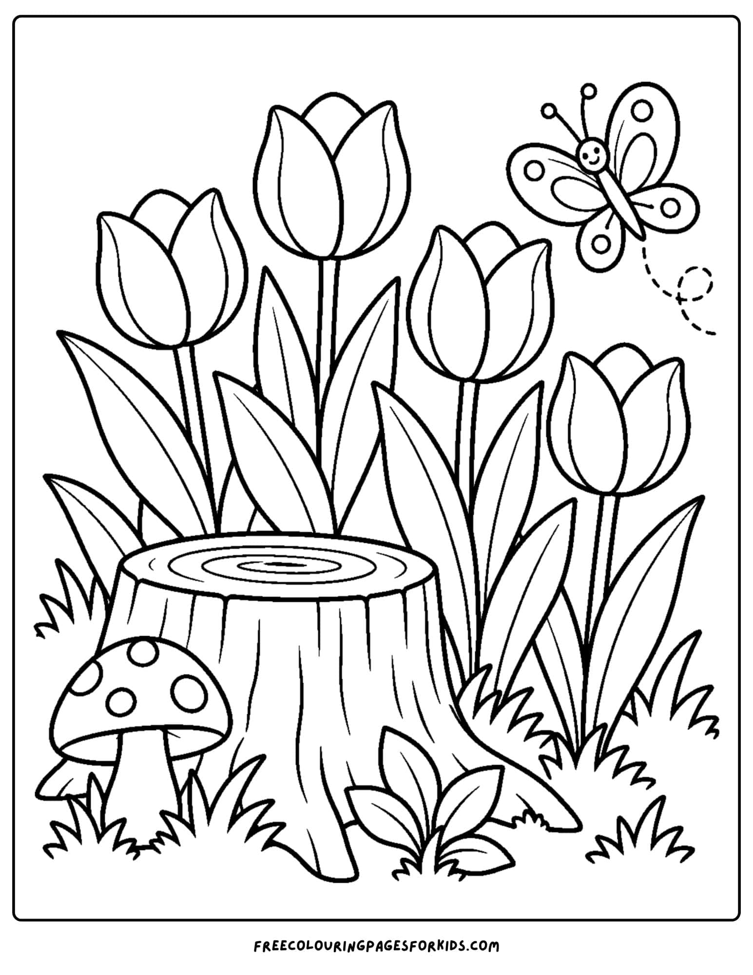 a tulip coloring page showing tulips growing around a tree stump
