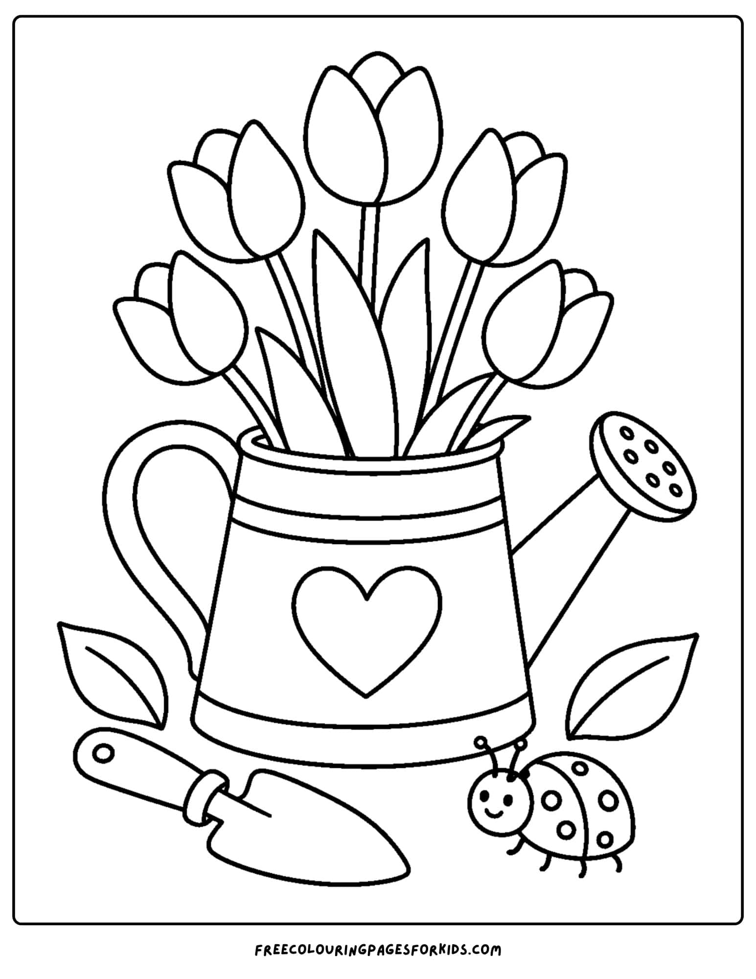 a tulip coloring page showing a watering can used as a vase for tulips