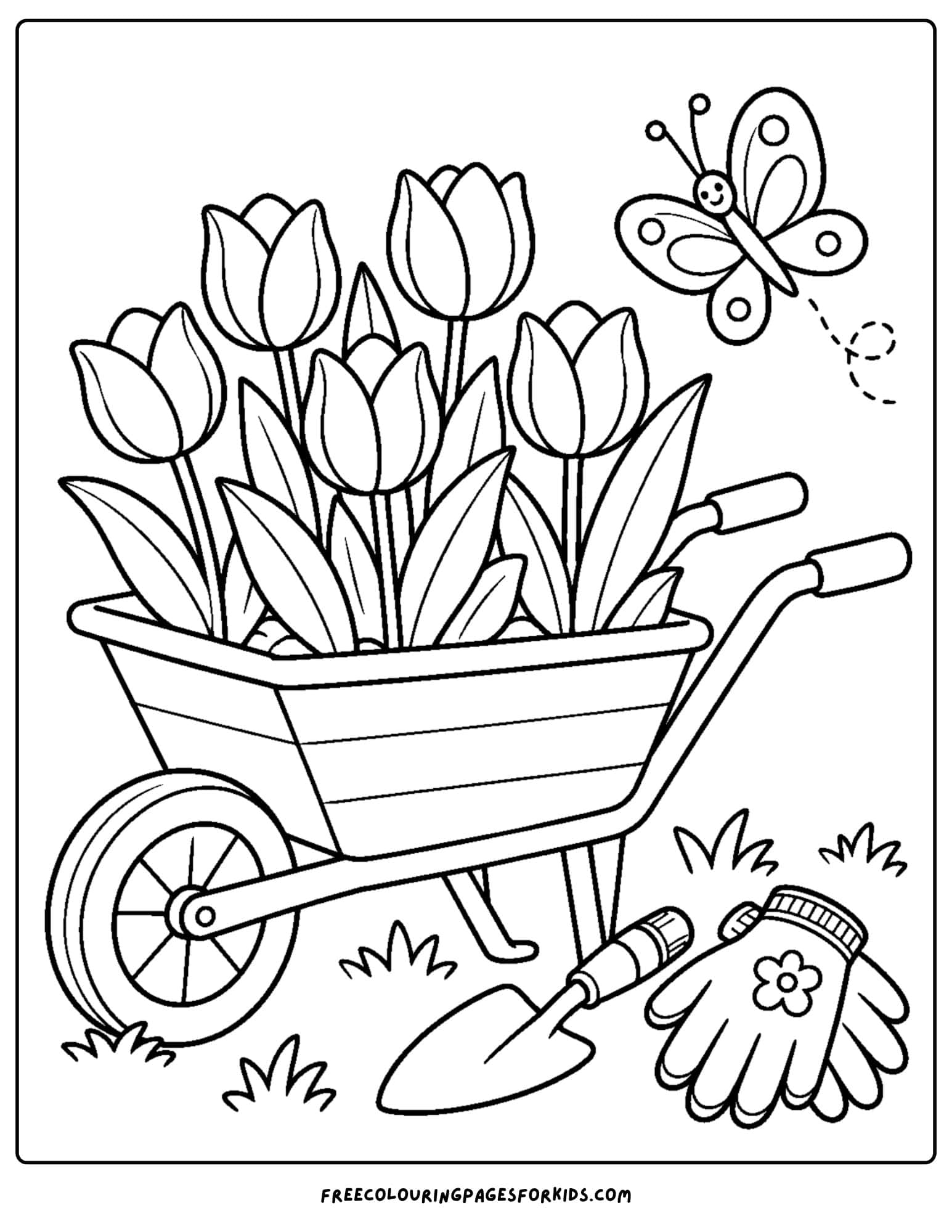a tulip coloring page showing a wheelbarrow full of growing tulips
