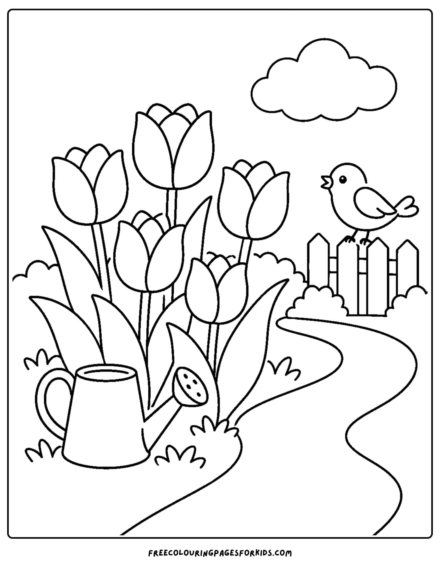 a tulip coloring page showing tulips growing along a walking path