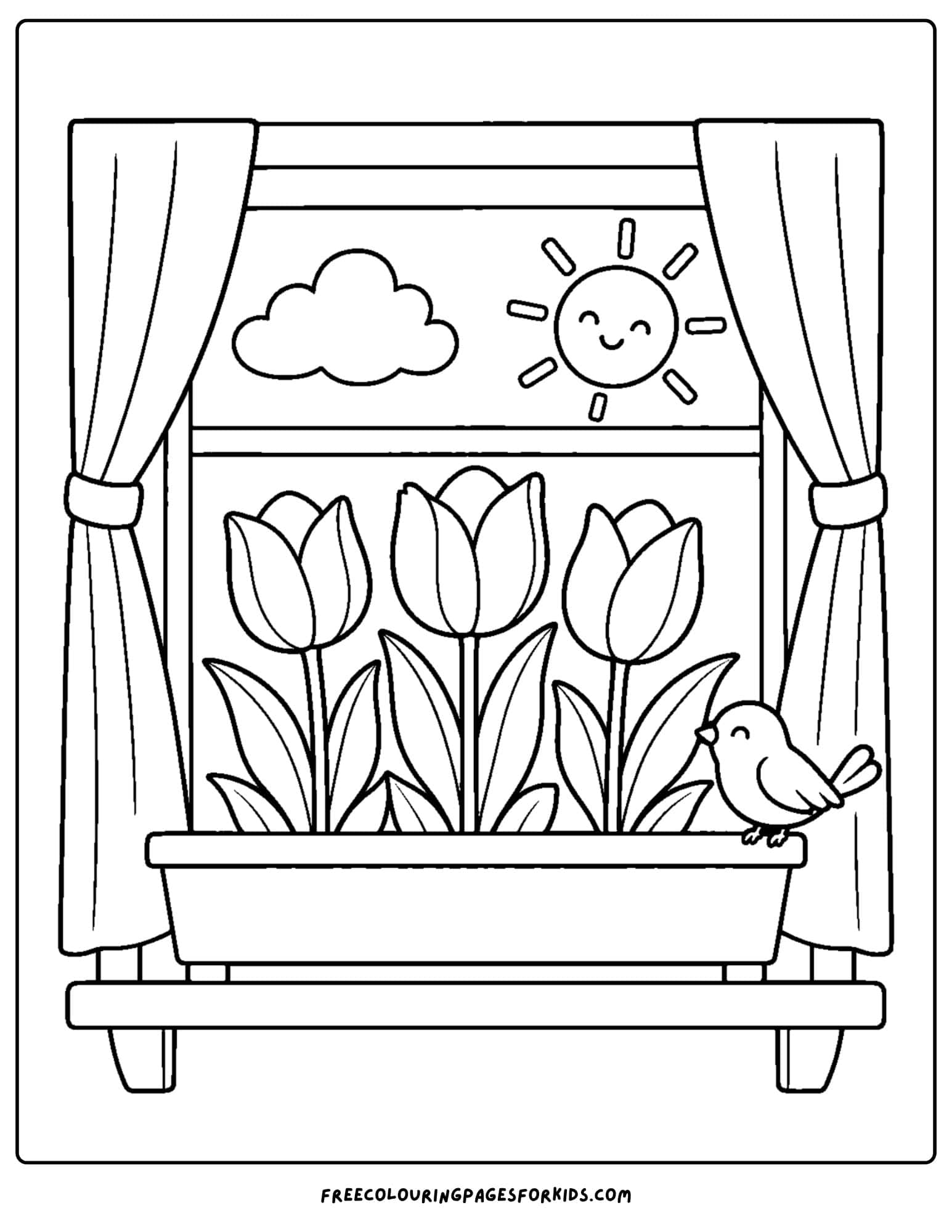 a tulip coloring page showing tulips growing in a window planter box