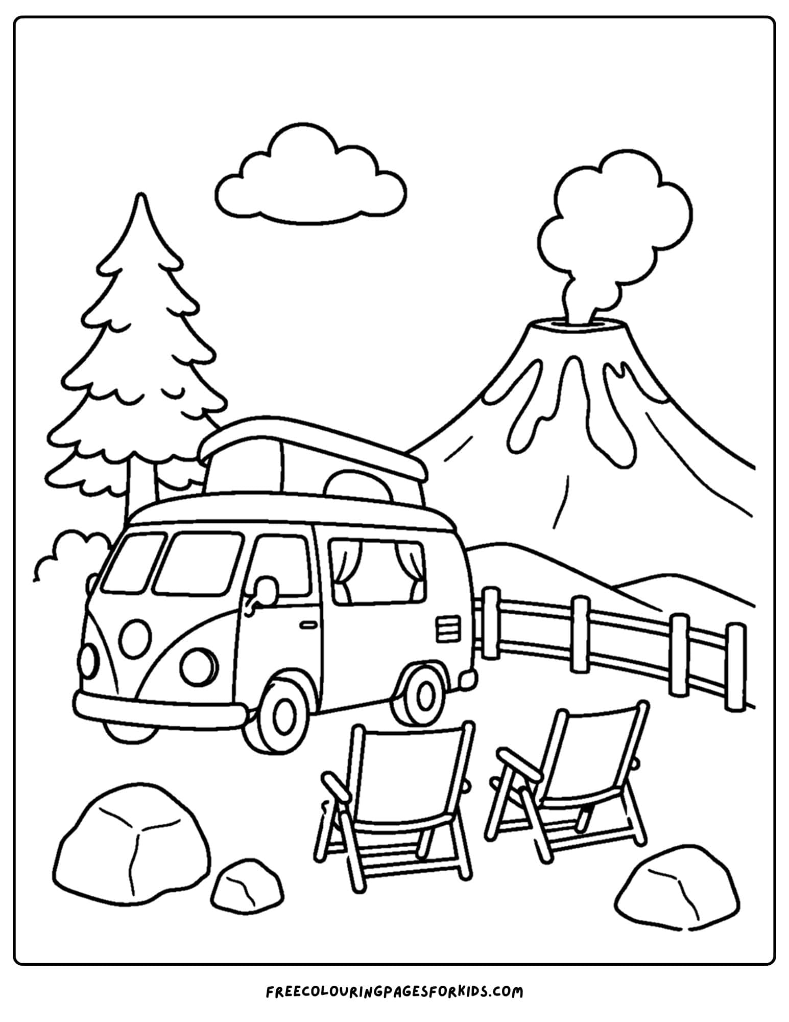 a coloring page of a volcano as seen from a viewing point where a campervan stopped