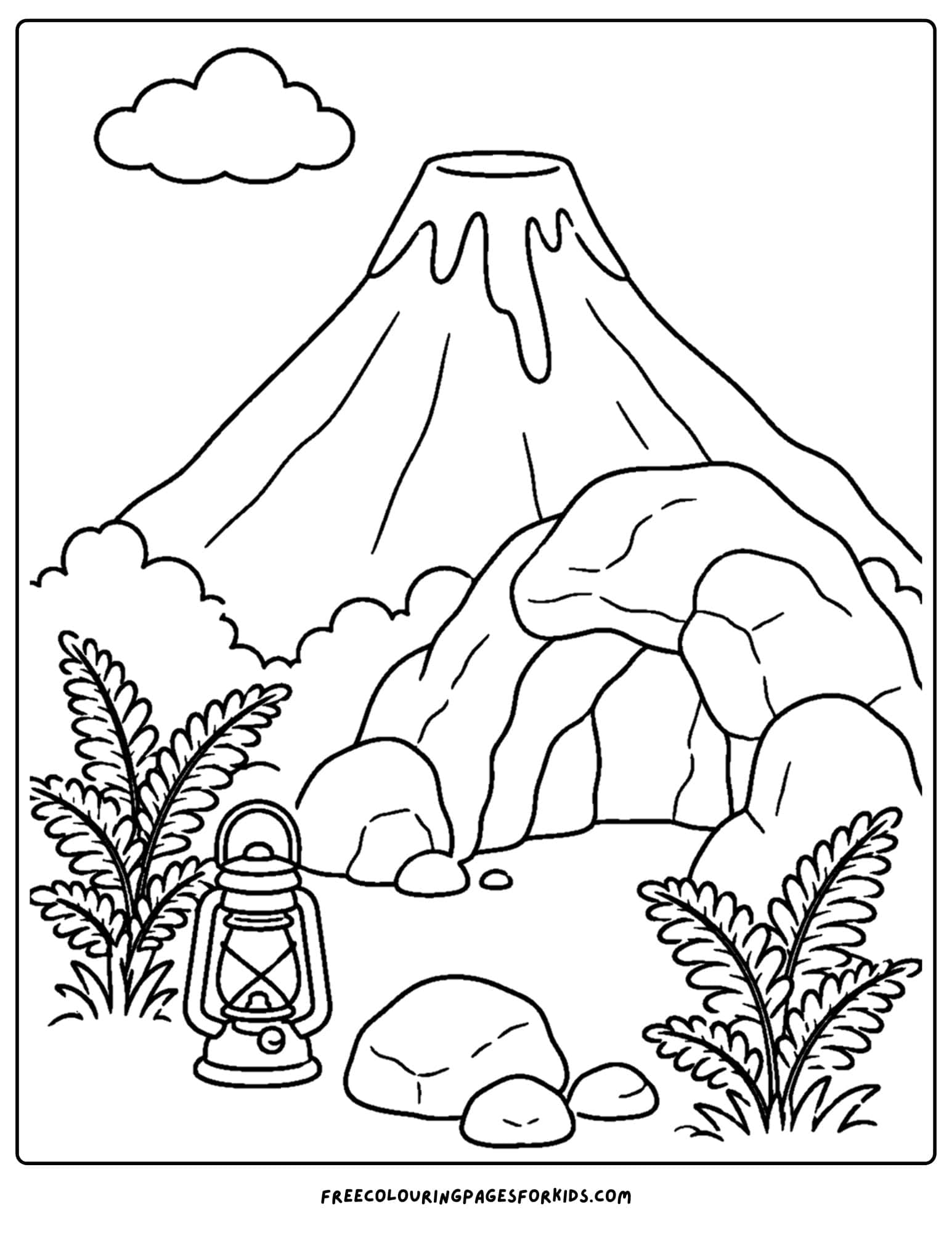 a coloring page of a volcano with a cave and natural surrounds