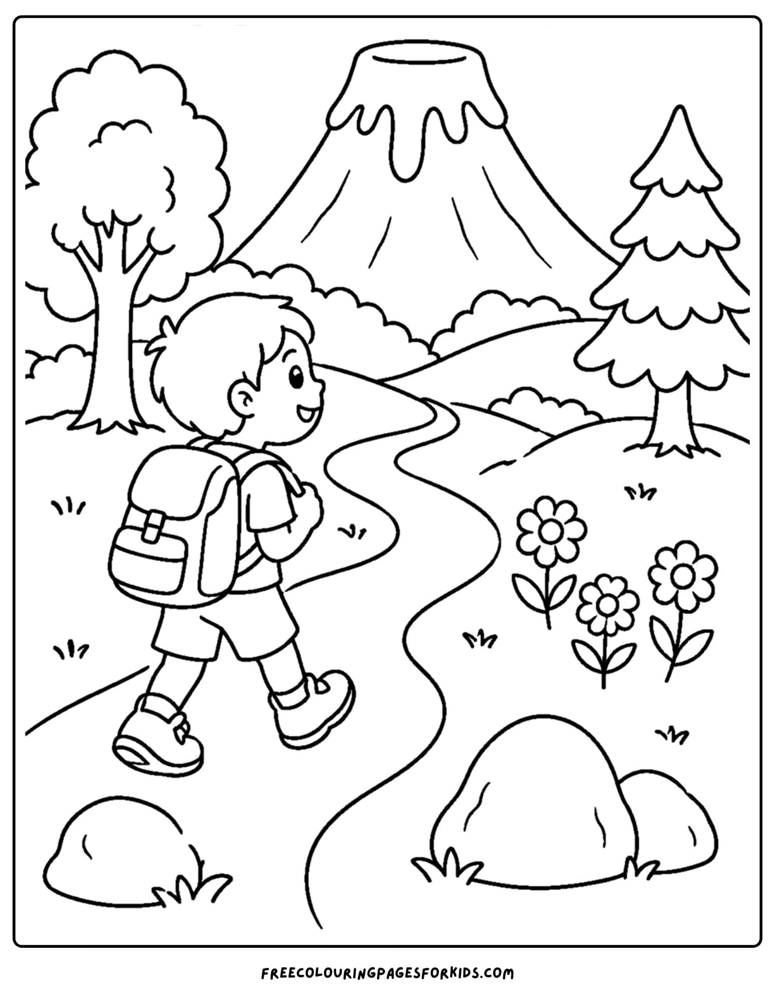 a coloring page of a volcano with a hiking path leading up to it