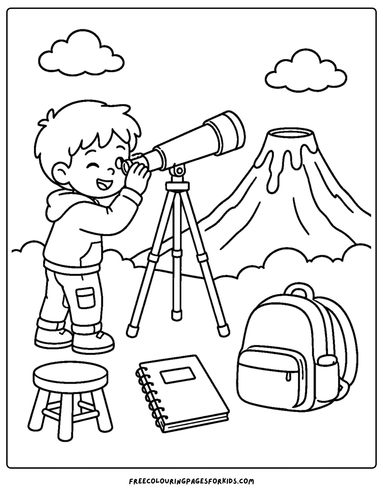 a coloring page of a volcano being viewed by a child through a big telescope