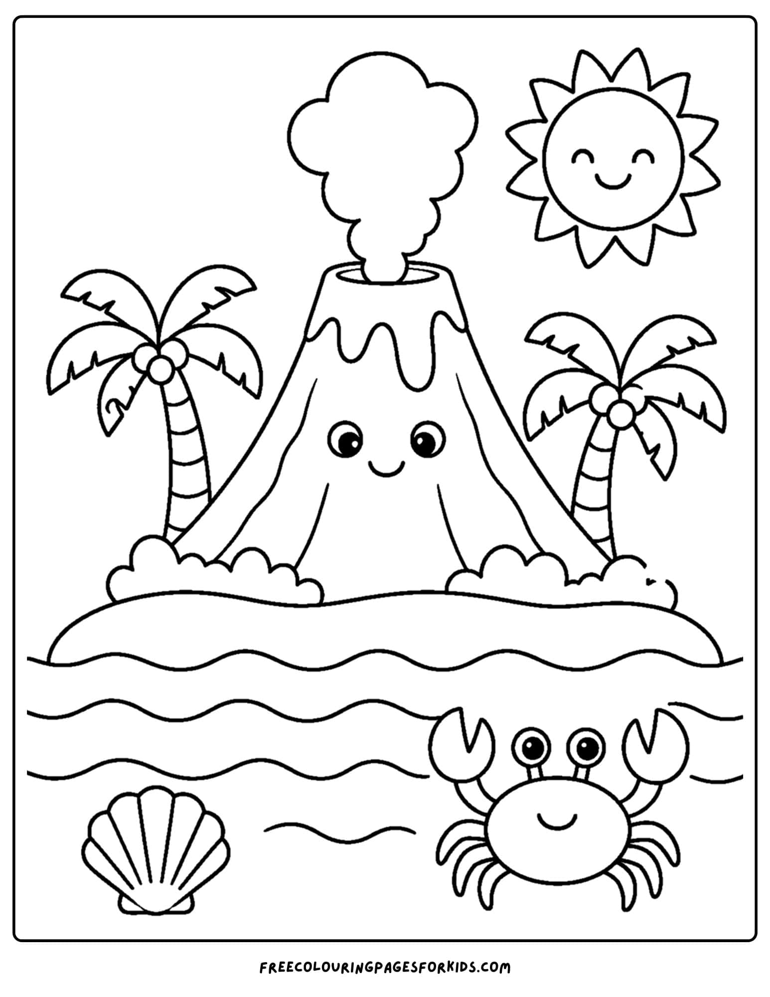 a coloring page of a volcano erupting on a tropical island