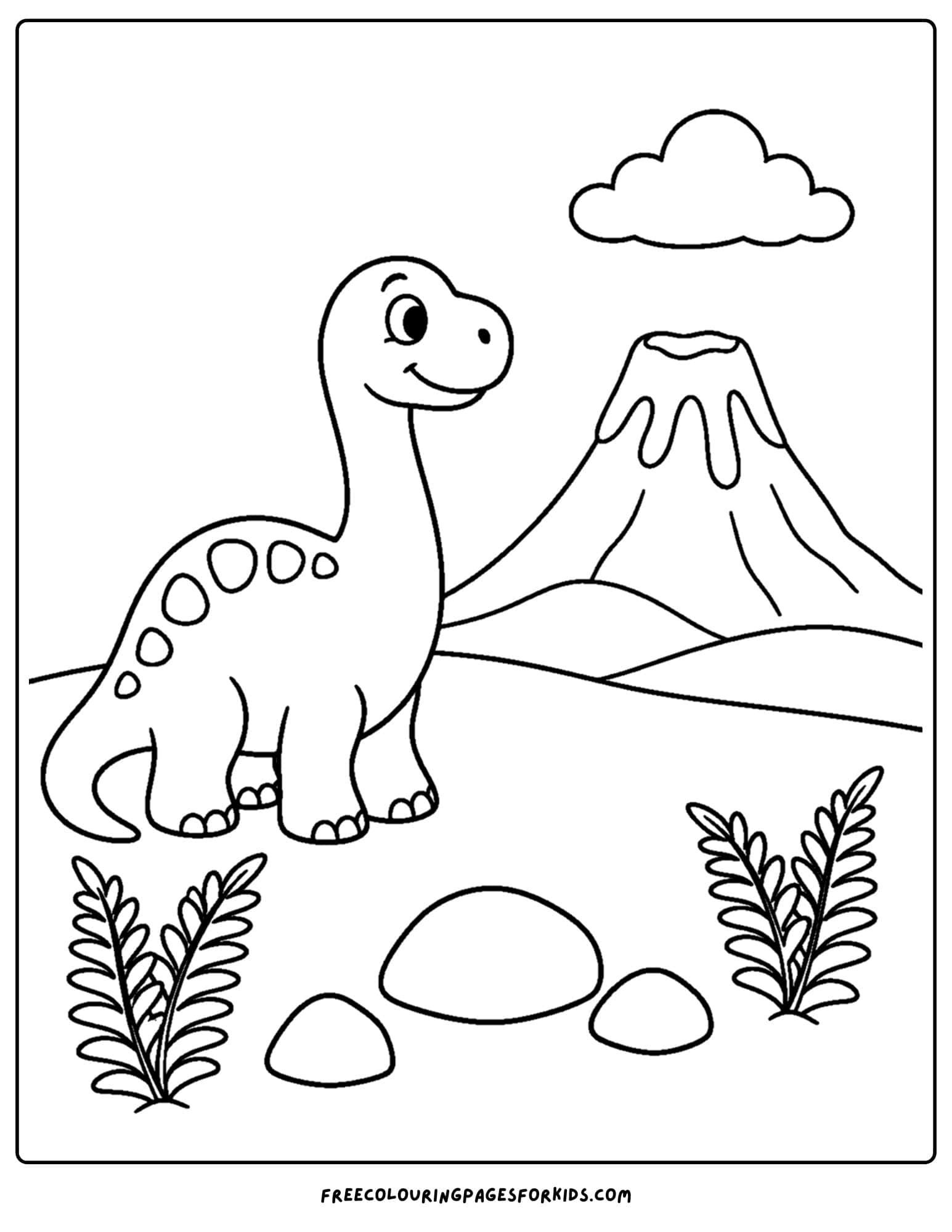 a coloring page of a volcano with a dinosaur in the scene