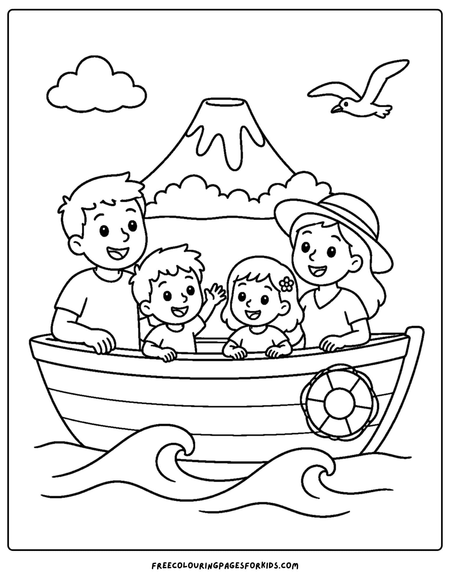 a coloring page of a volcano on an island as a family float past it in a boat