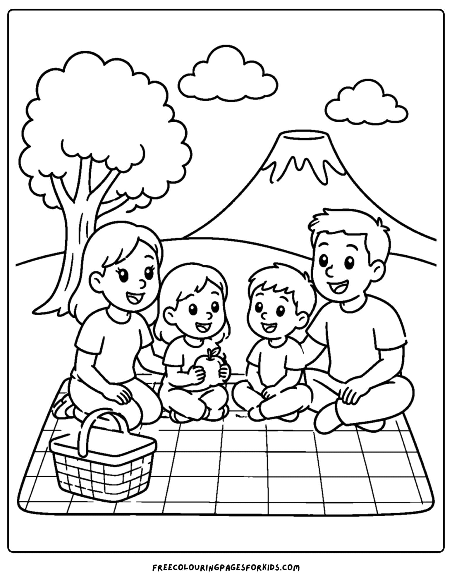 a coloring page of a volcano in the background of a family having a picnic