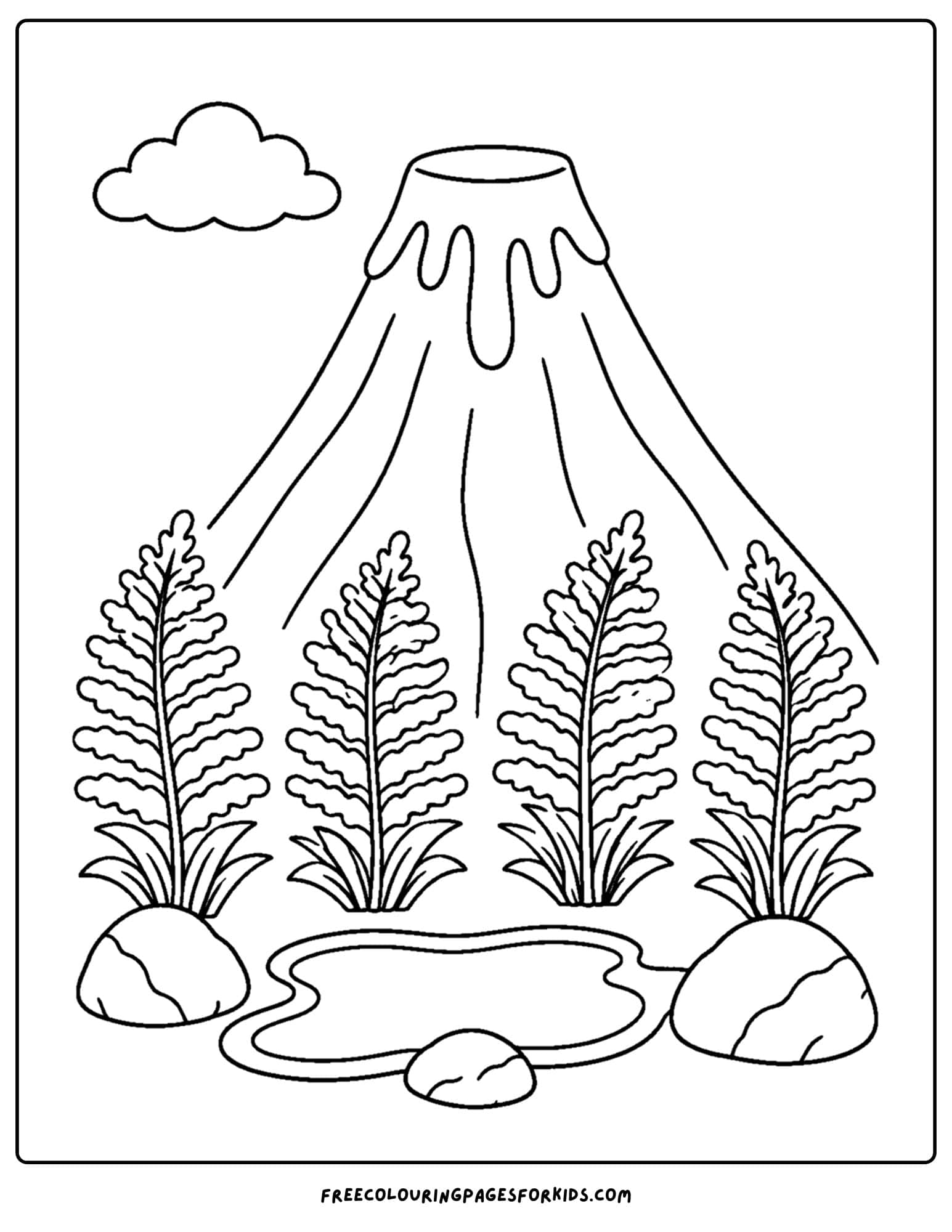 a coloring page of a volcano with lush ferns at its base