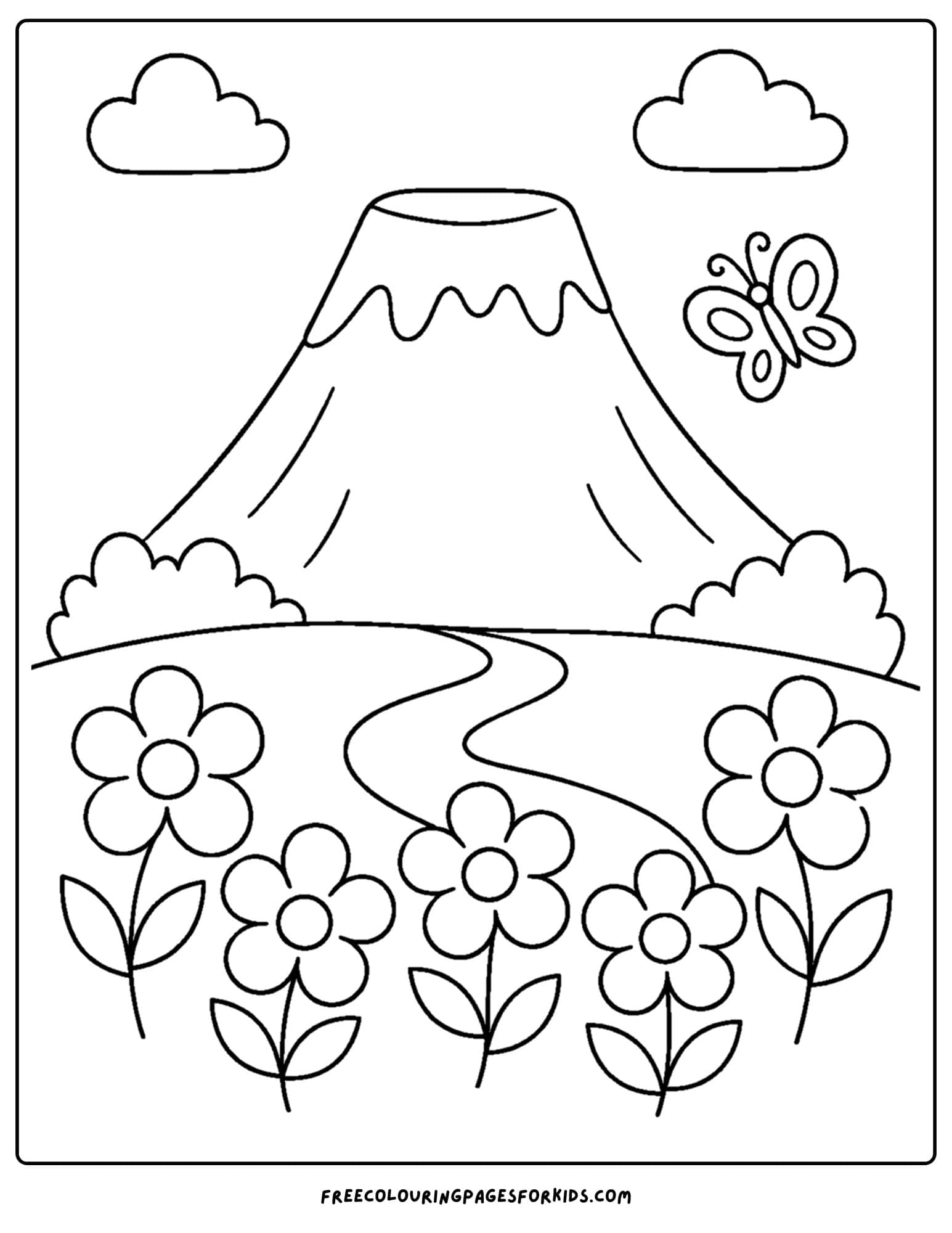 a coloring page of a volcano in the distance and a flower meadow before it