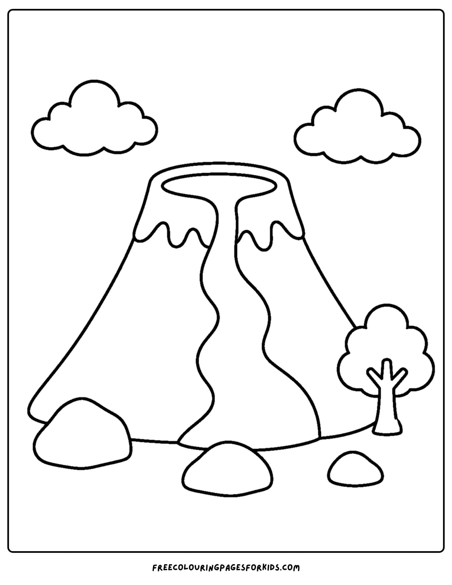a coloring page of a volcano with flowing lava down the side