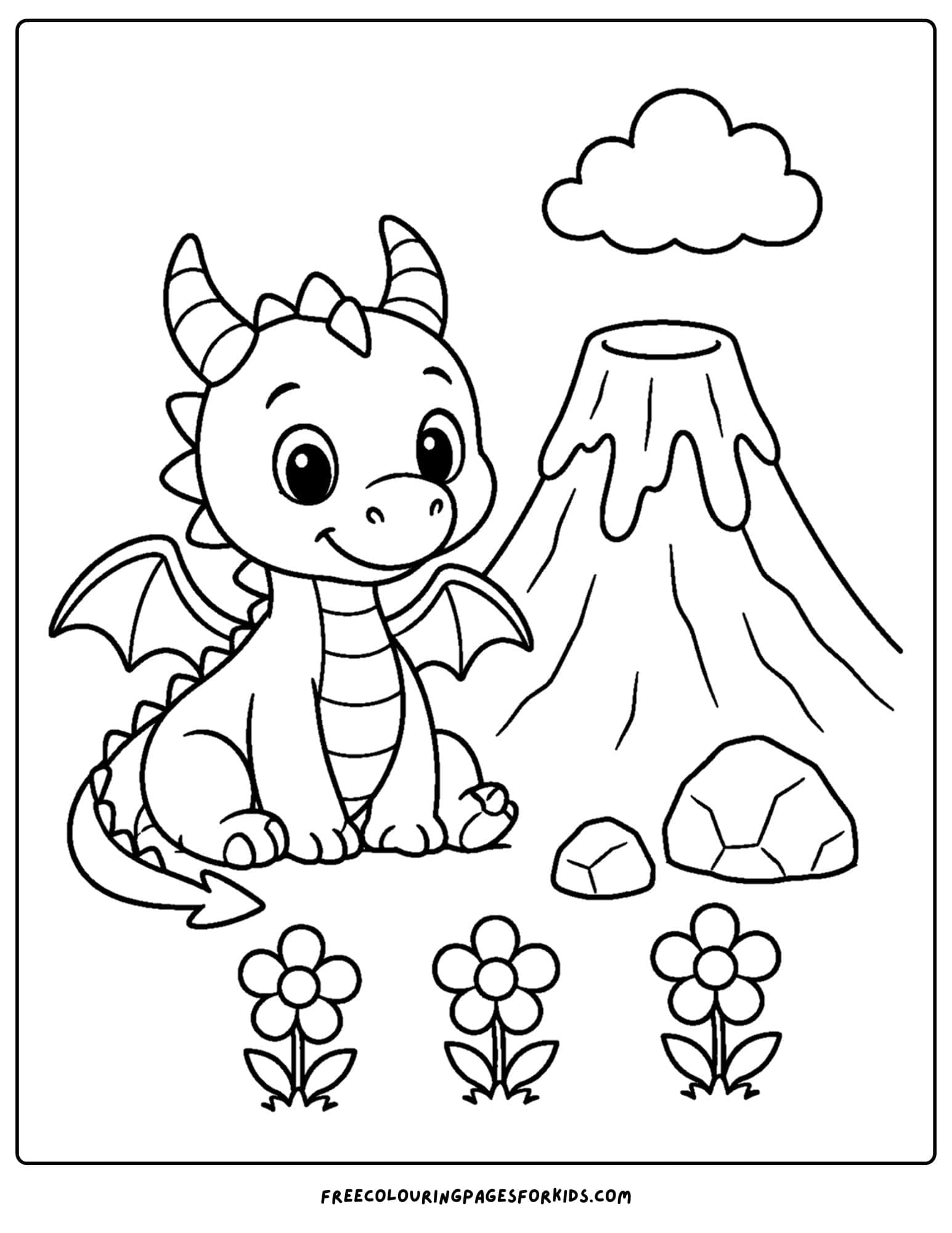 a coloring page of a volcano with a friendly dragon