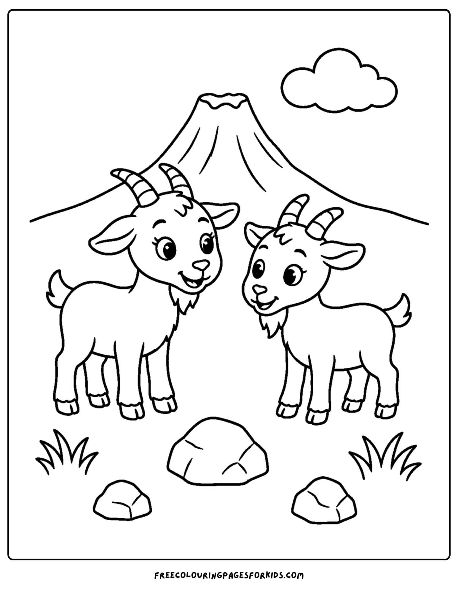 a coloring page of a volcano with goats in a field below it