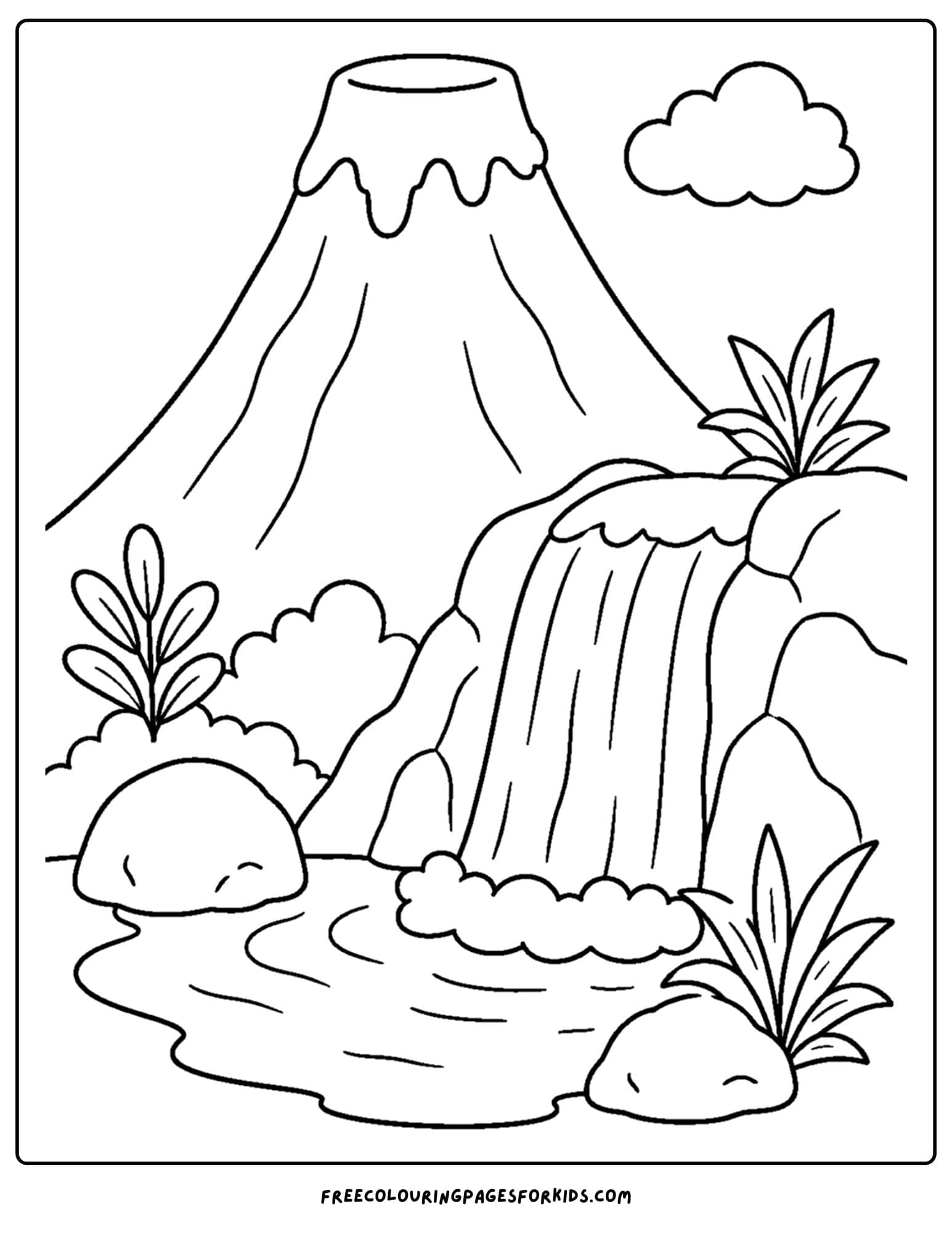 a coloring page of a volcano with a river and waterfall in front of it