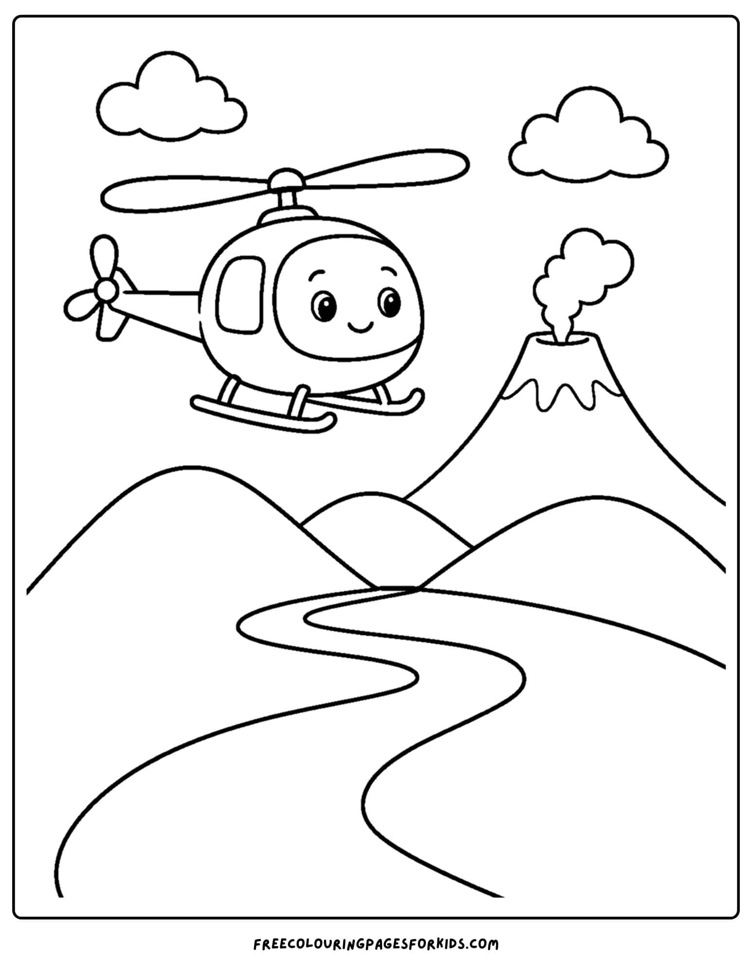 a coloring page of a volcano with a helicopter flying past