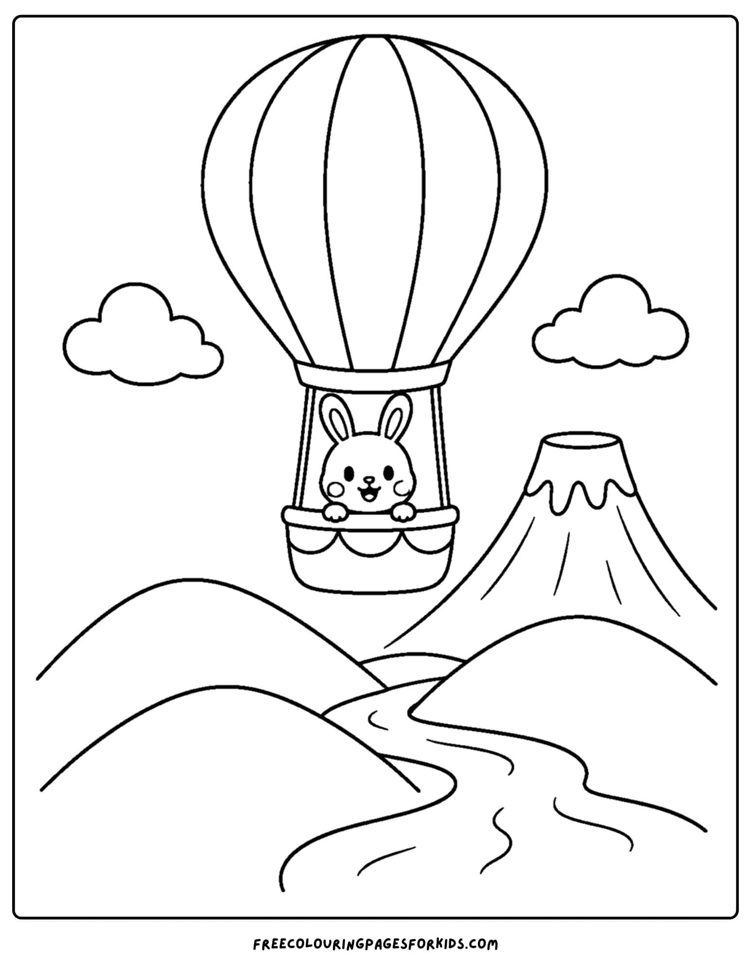 a coloring page of a volcano with a hot air balloon floating past