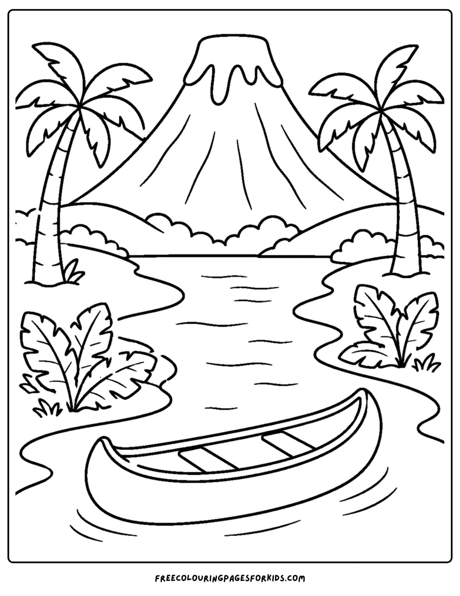 a coloring page of a volcano in the background of a jungle river scene