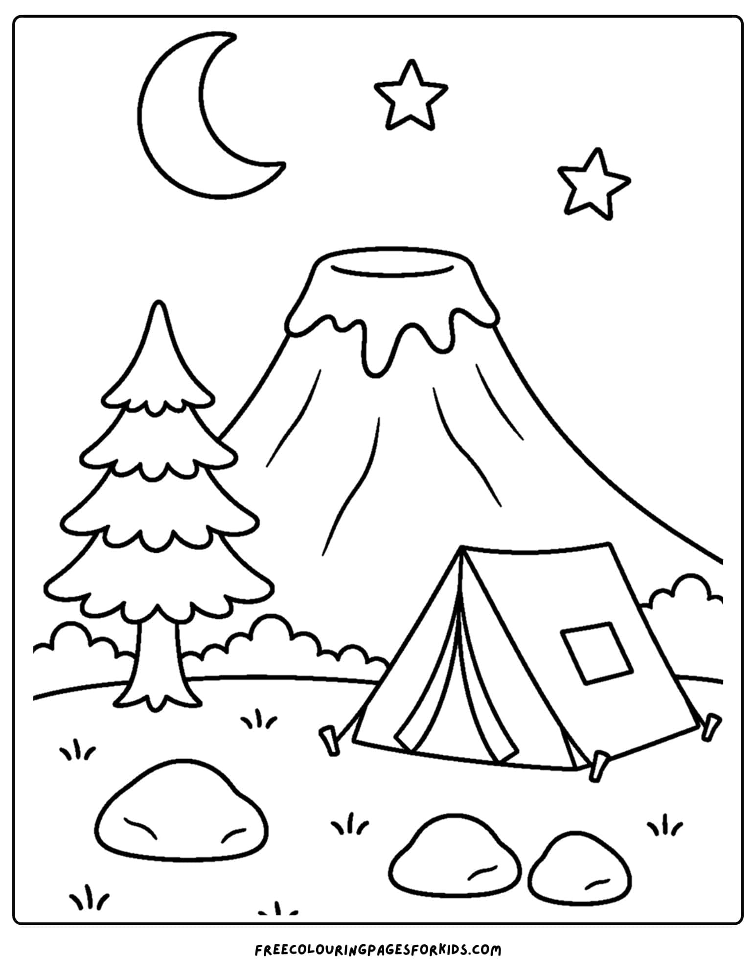 a coloring page of a volcano at night with a camping tent setup below it