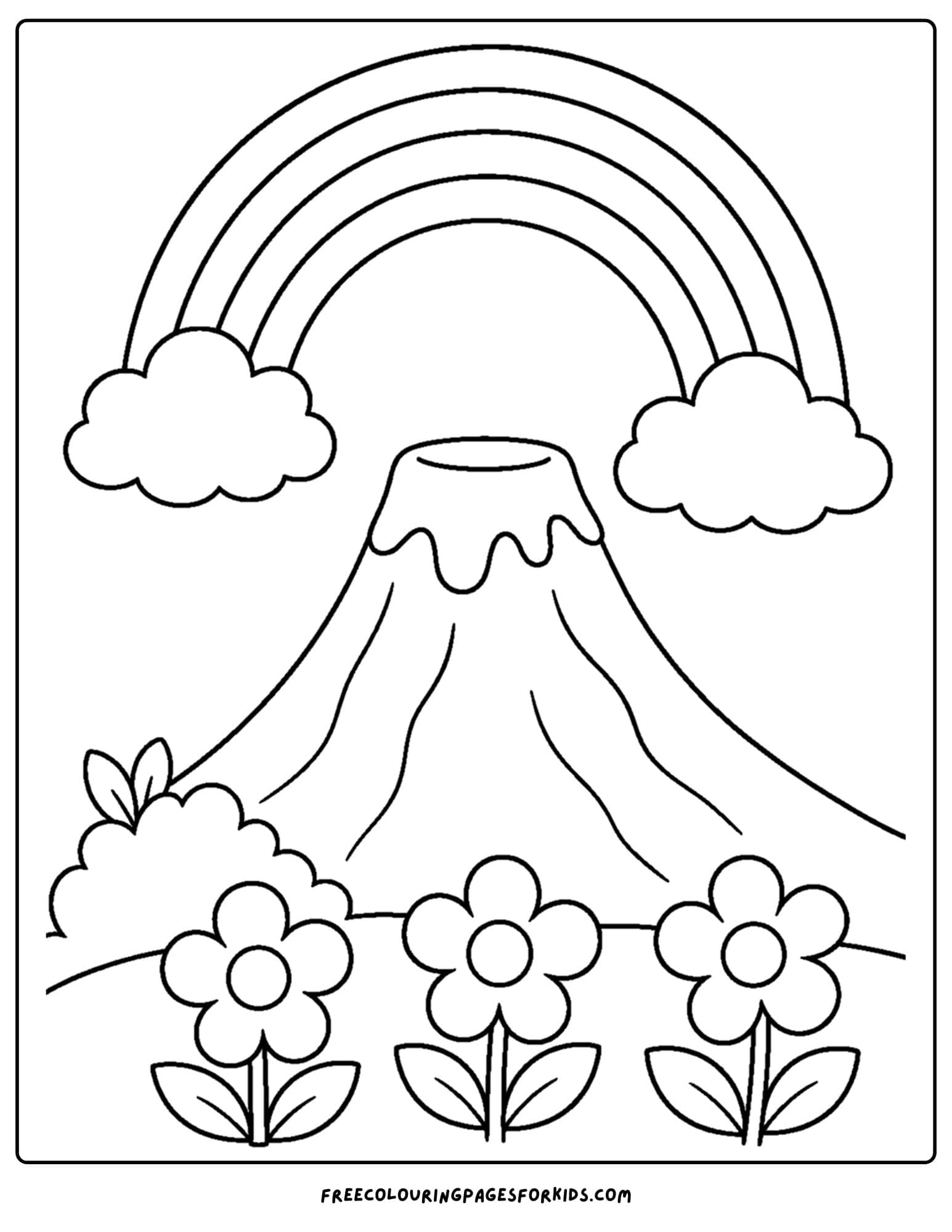 a coloring page of a volcano with a rainbow over the top