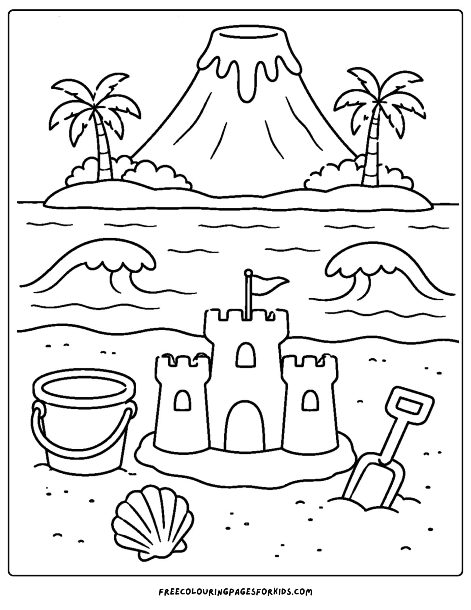 a coloring page of a volcano in the background of a beach scene with a sandcastle