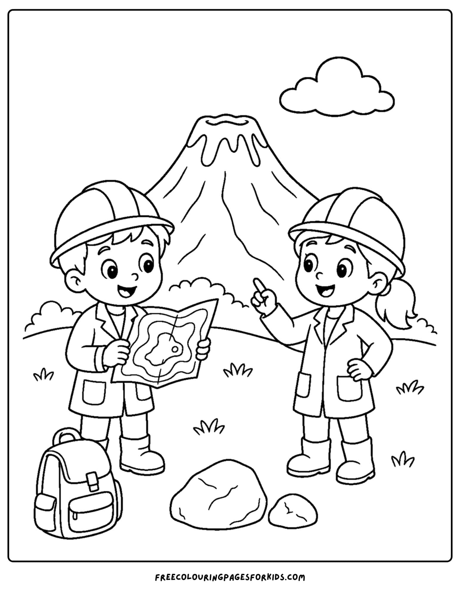 a coloring page of a volcano with scientists studying it