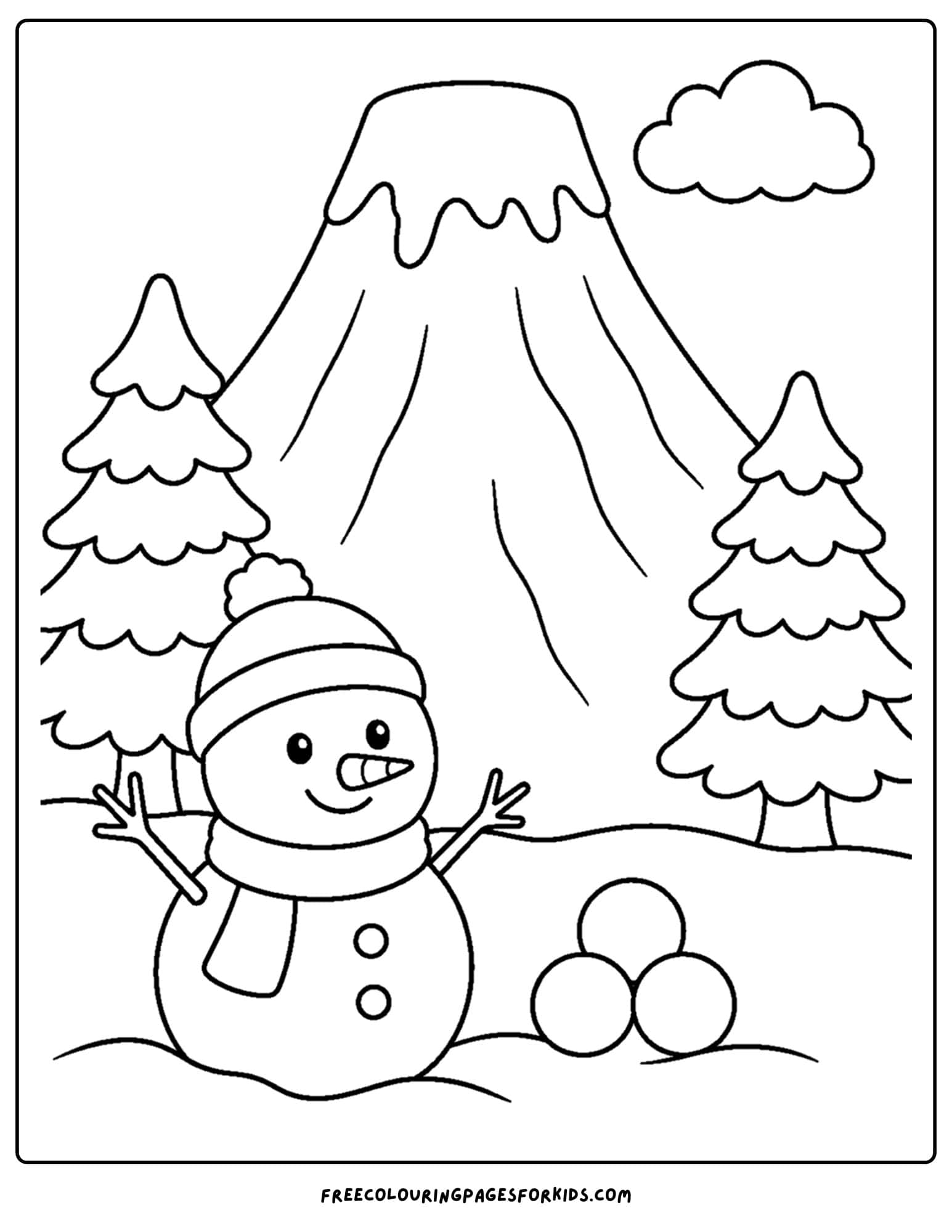 a coloring page of a volcano in a snowy scene with a snowman