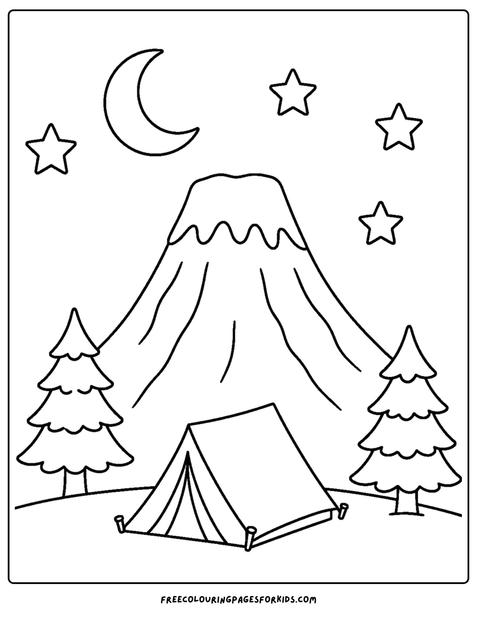 a coloring page of a volcano under the night sky