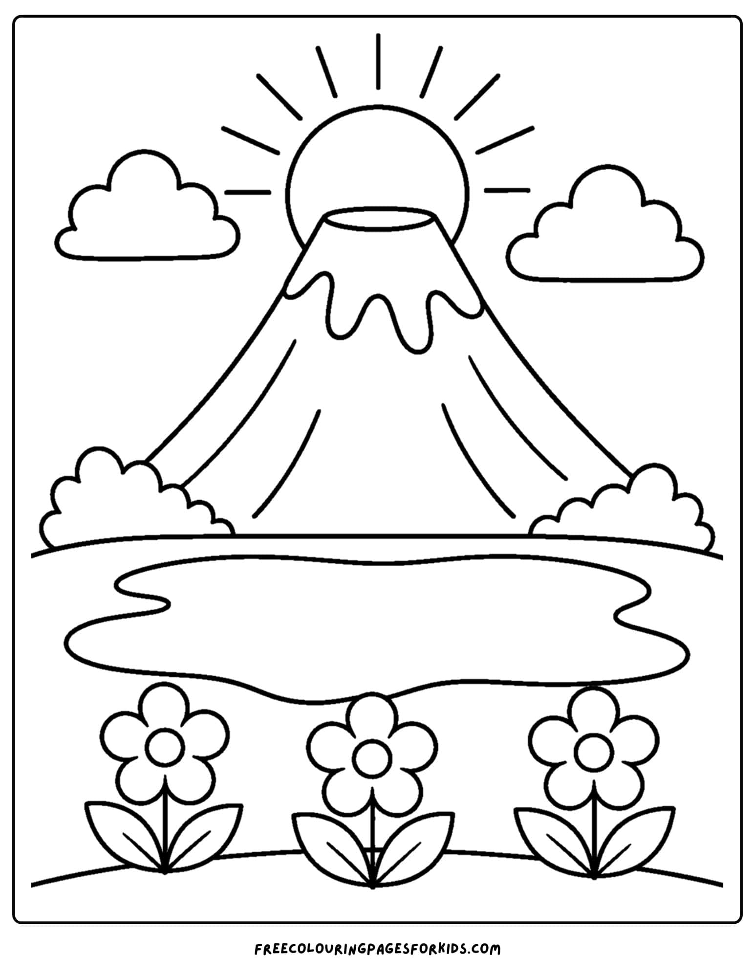 a coloring page of a volcano at sunrise