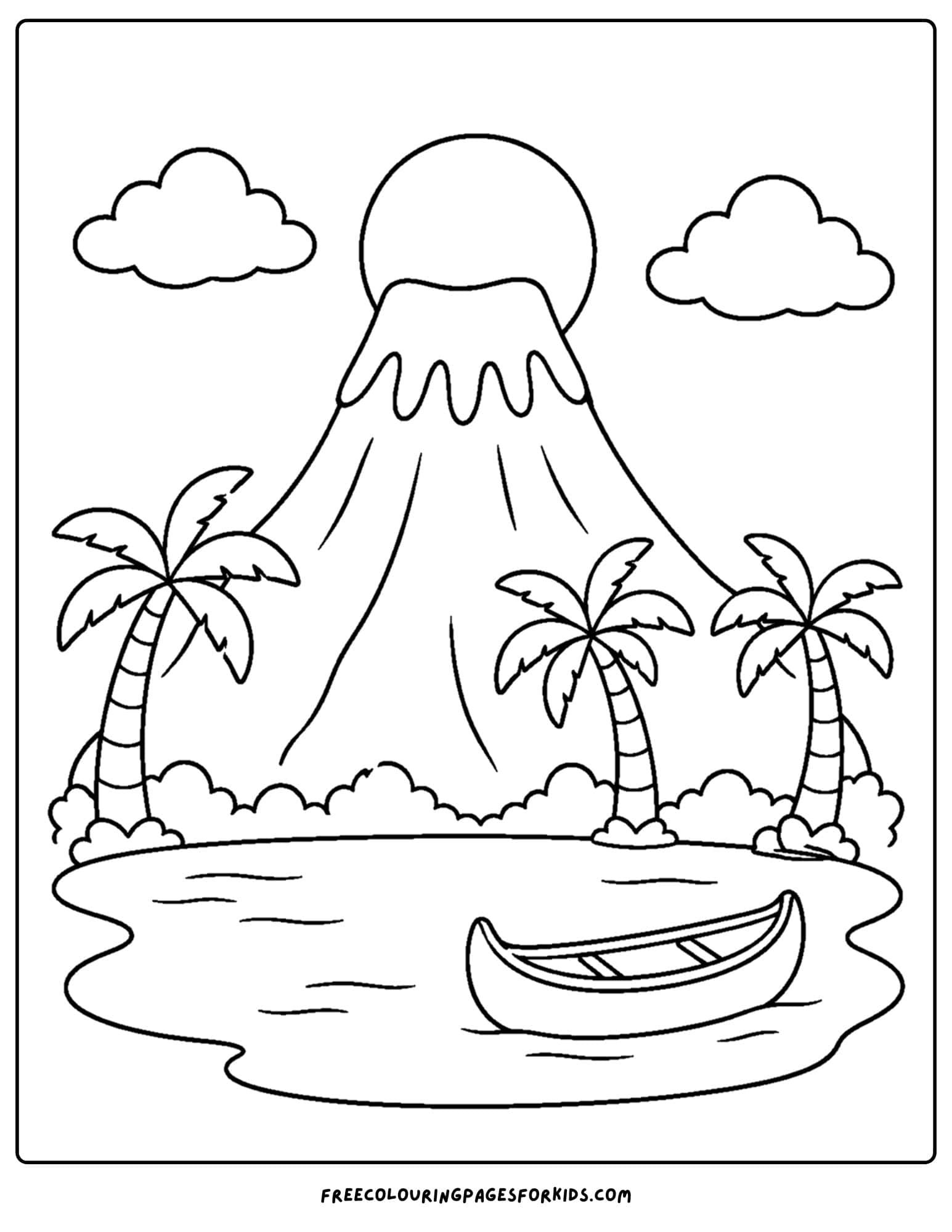 a coloring page of a volcano with the sun setting behind it