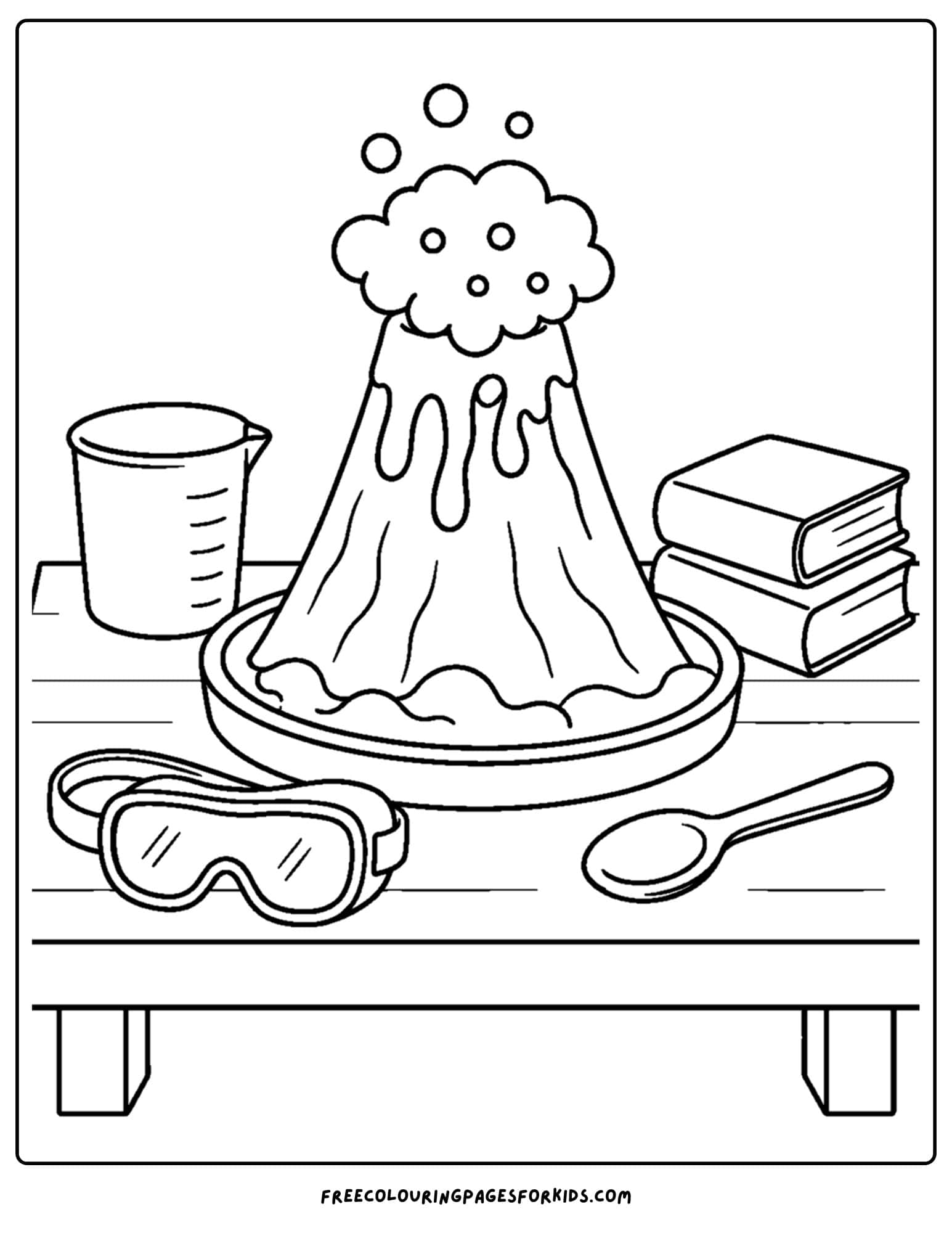 a coloring page of a volcano science experiment