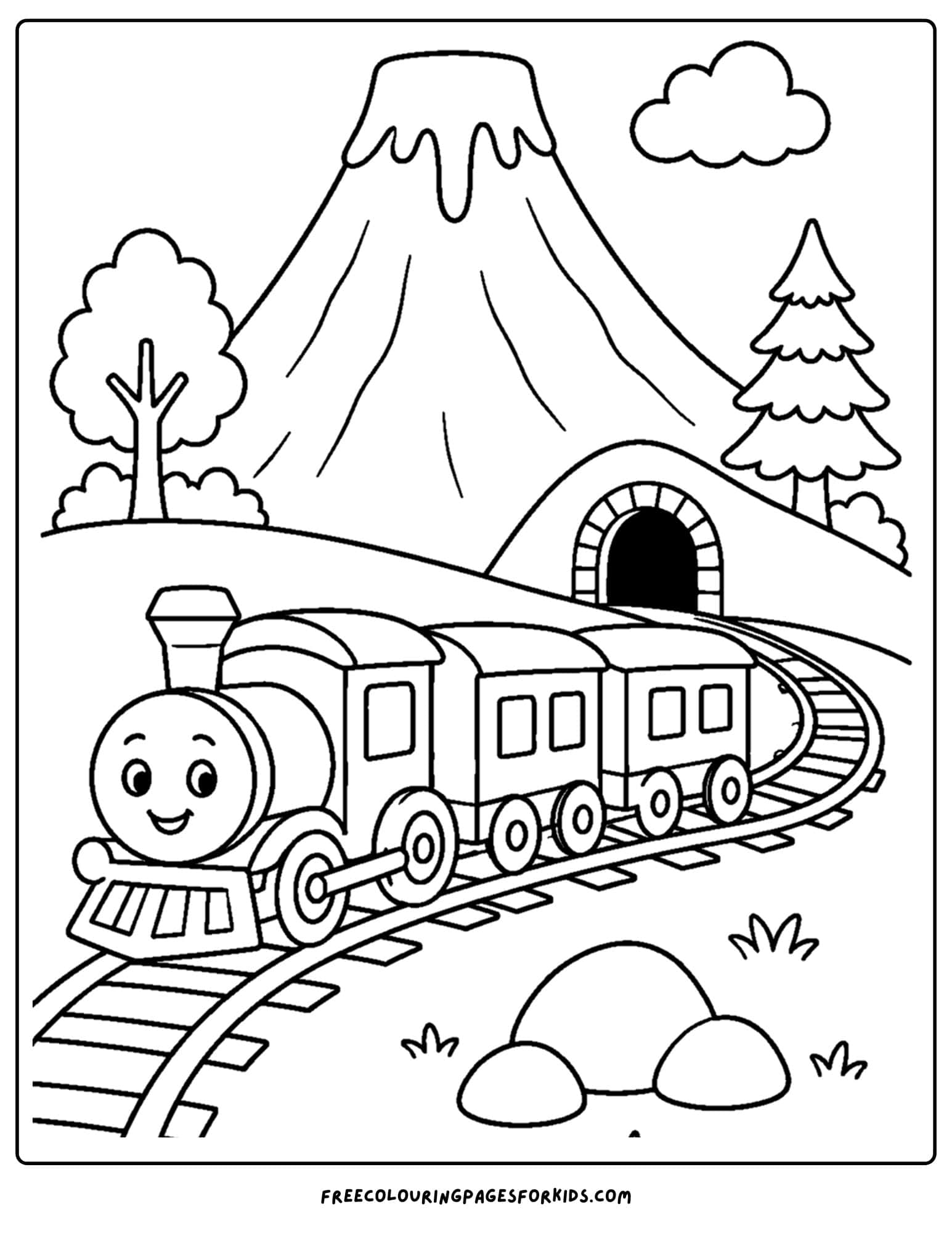 a coloring page of a volcano with a train tunnel nearby